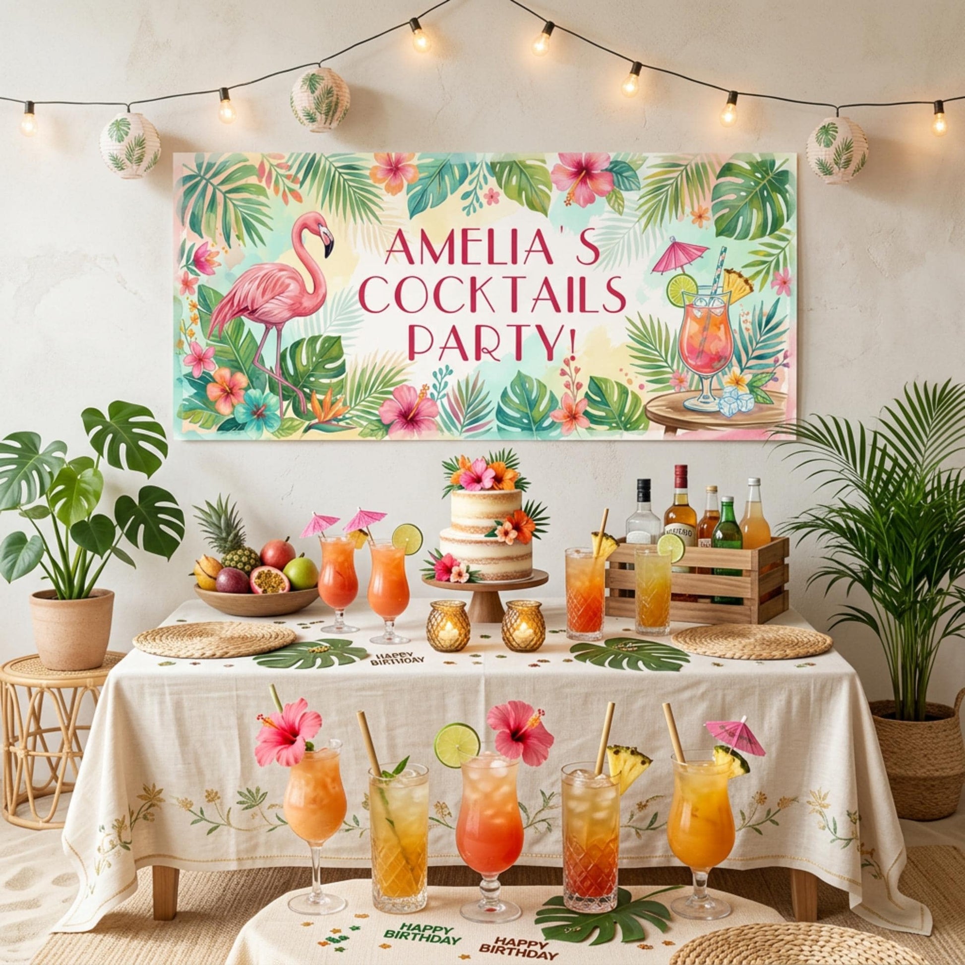 Personalised Tropical Birthday Banner, Cocktail Party Backdrop, Summer Milestone Wall Sign