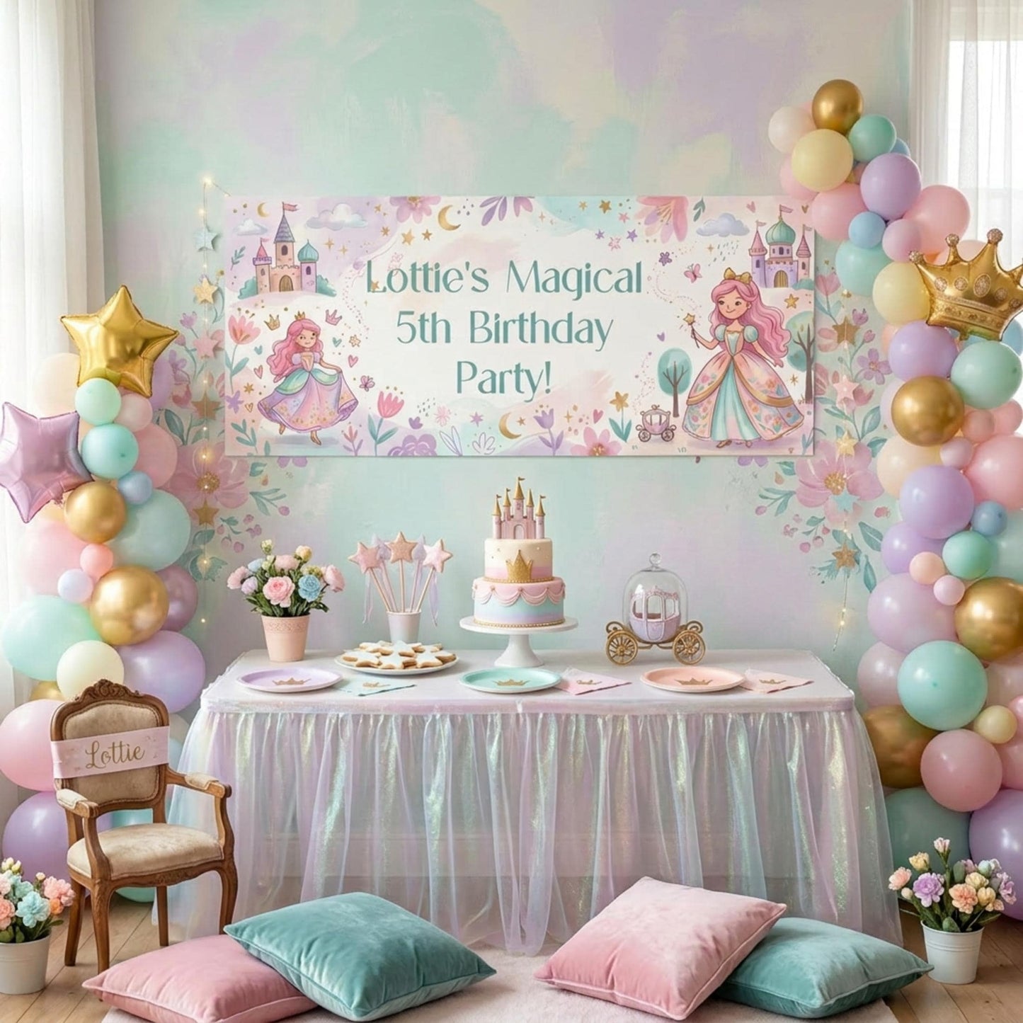 Personalised Pink Princess Birthday Banner, Fairytale Party Backdrop