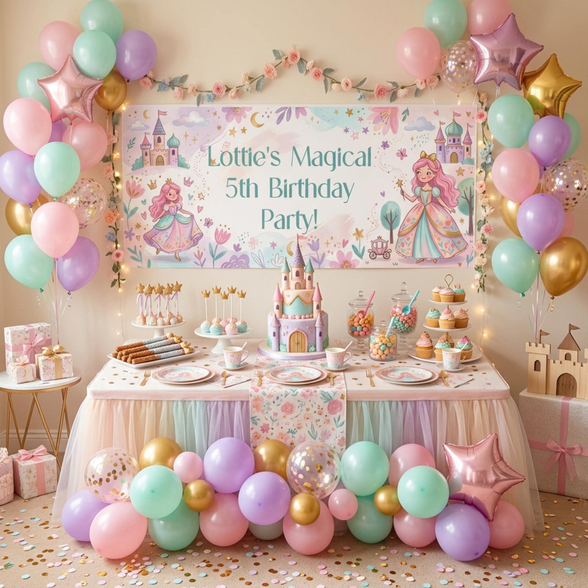 Personalised Pink Princess Birthday Banner, Fairytale Party Backdrop