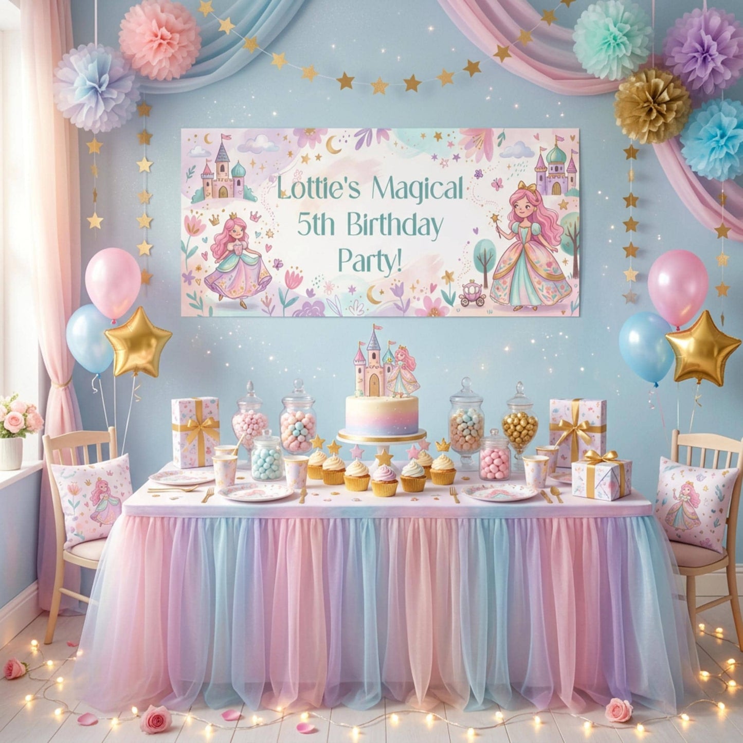 Personalised Pink Princess Birthday Banner, Fairytale Party Backdrop