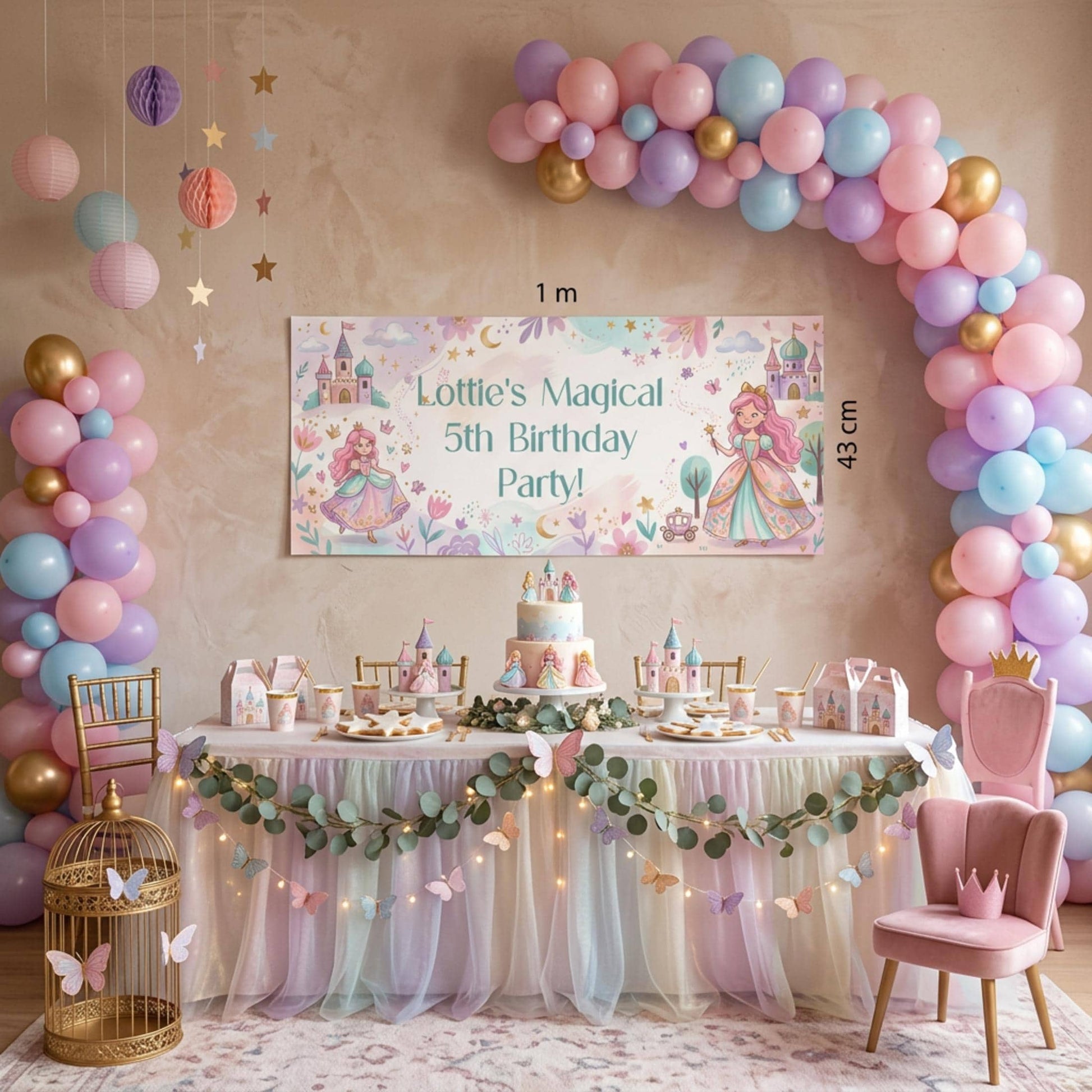 Personalised Pink Princess Birthday Banner, Fairytale Party Backdrop