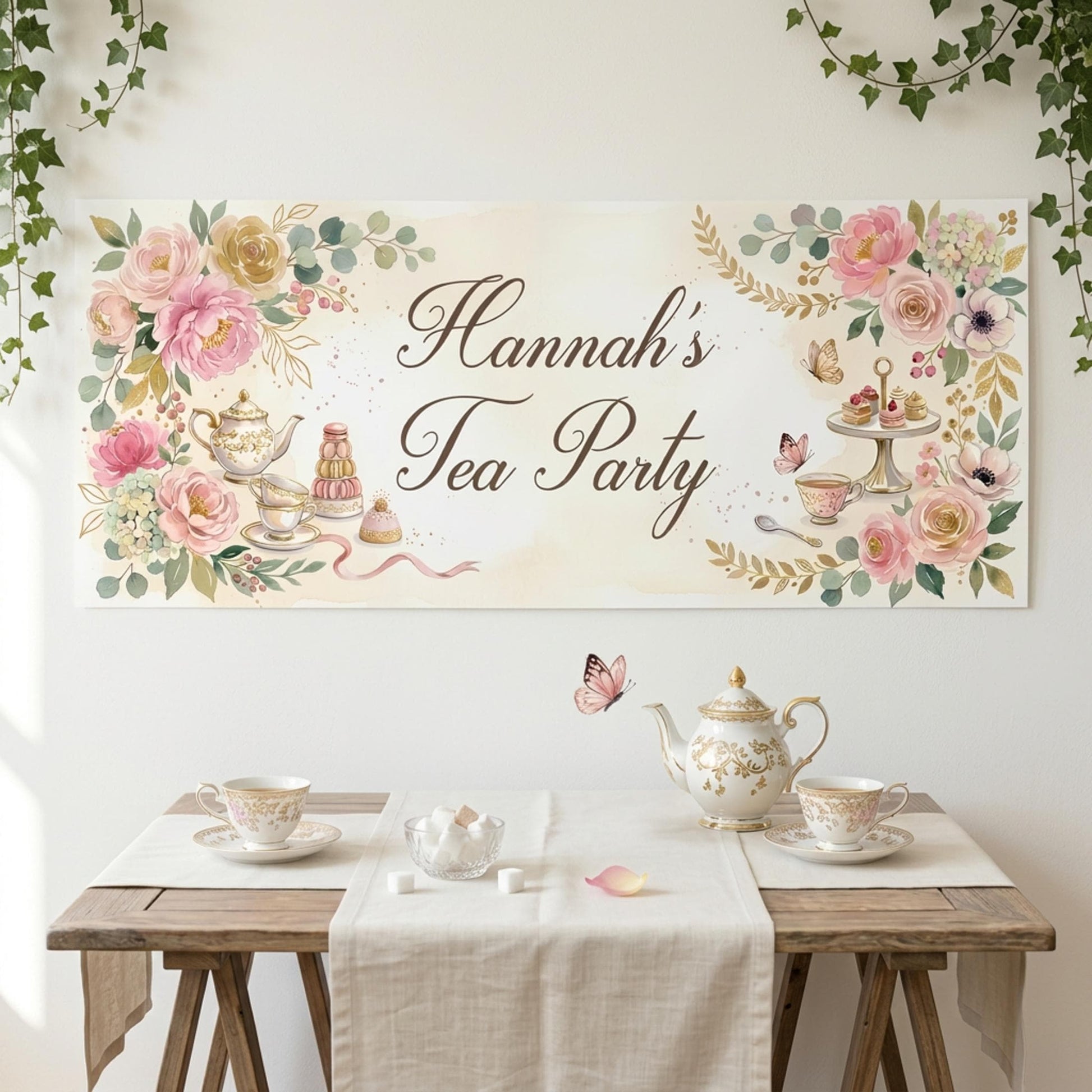 Personalised Tea Party Banner, Bridal Shower Backdrop, Floral Afternoon Tea Poster