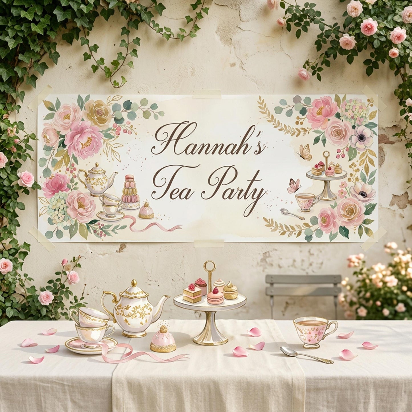 Personalised Tea Party Banner, Bridal Shower Backdrop, Floral Afternoon Tea Poster