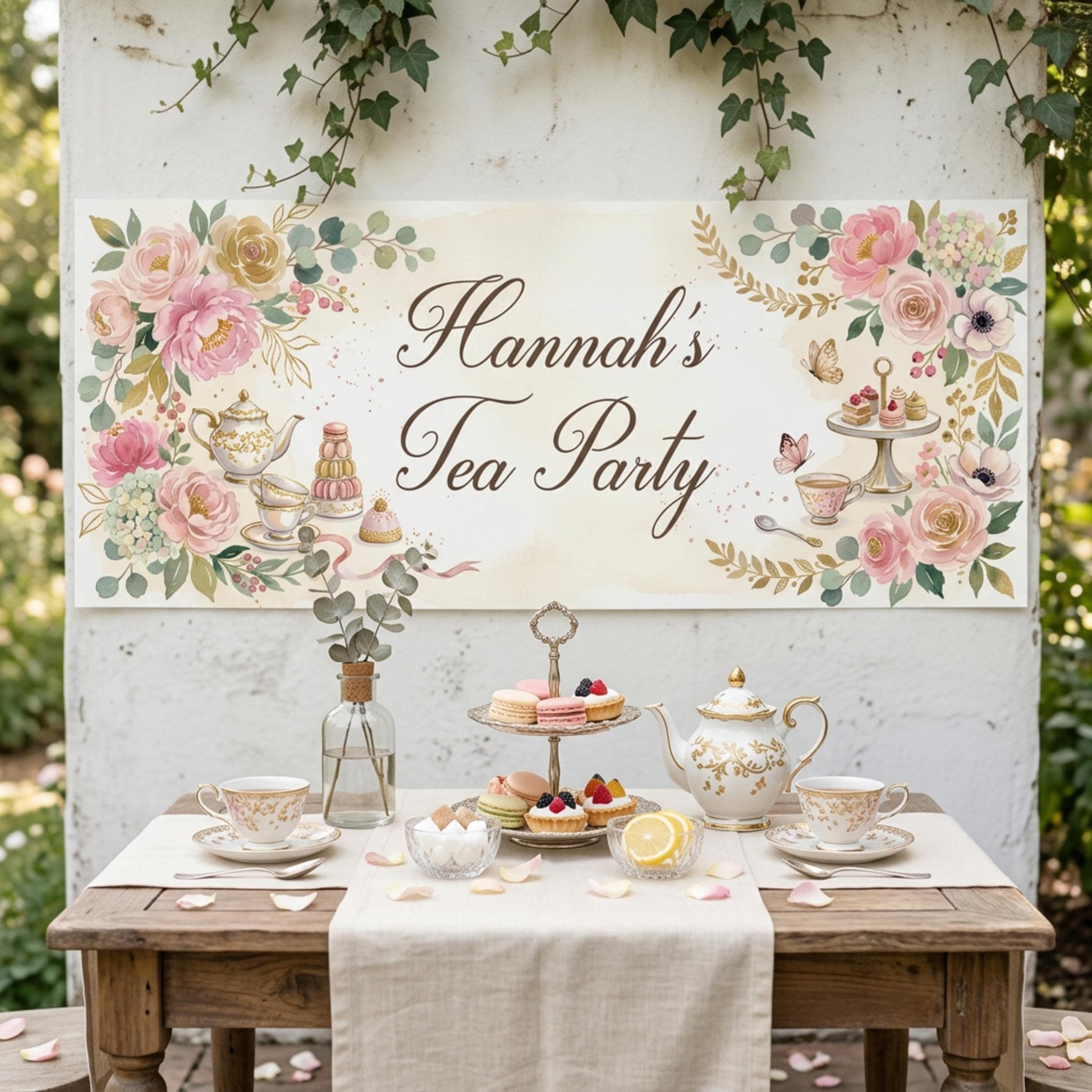 Personalised Tea Party Banner, Bridal Shower Backdrop, Floral Afternoon Tea Poster