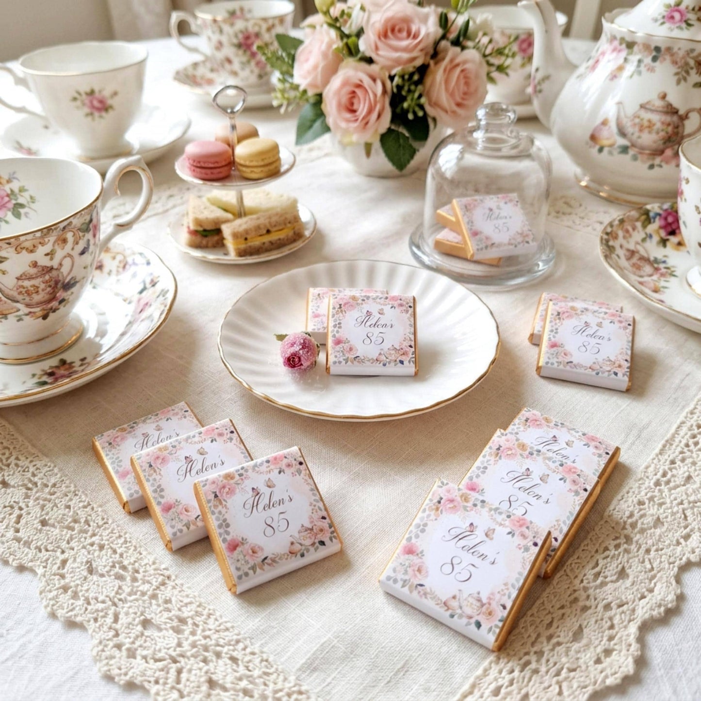 Personalised Vintage Tea Party Chocolate Favours - 80th Birthday Table Decor