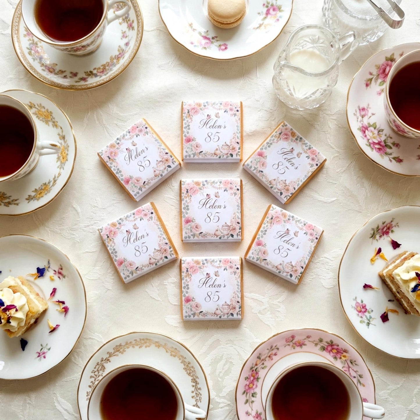 Personalised Vintage Tea Party Chocolate Favours - 80th Birthday Table Decor
