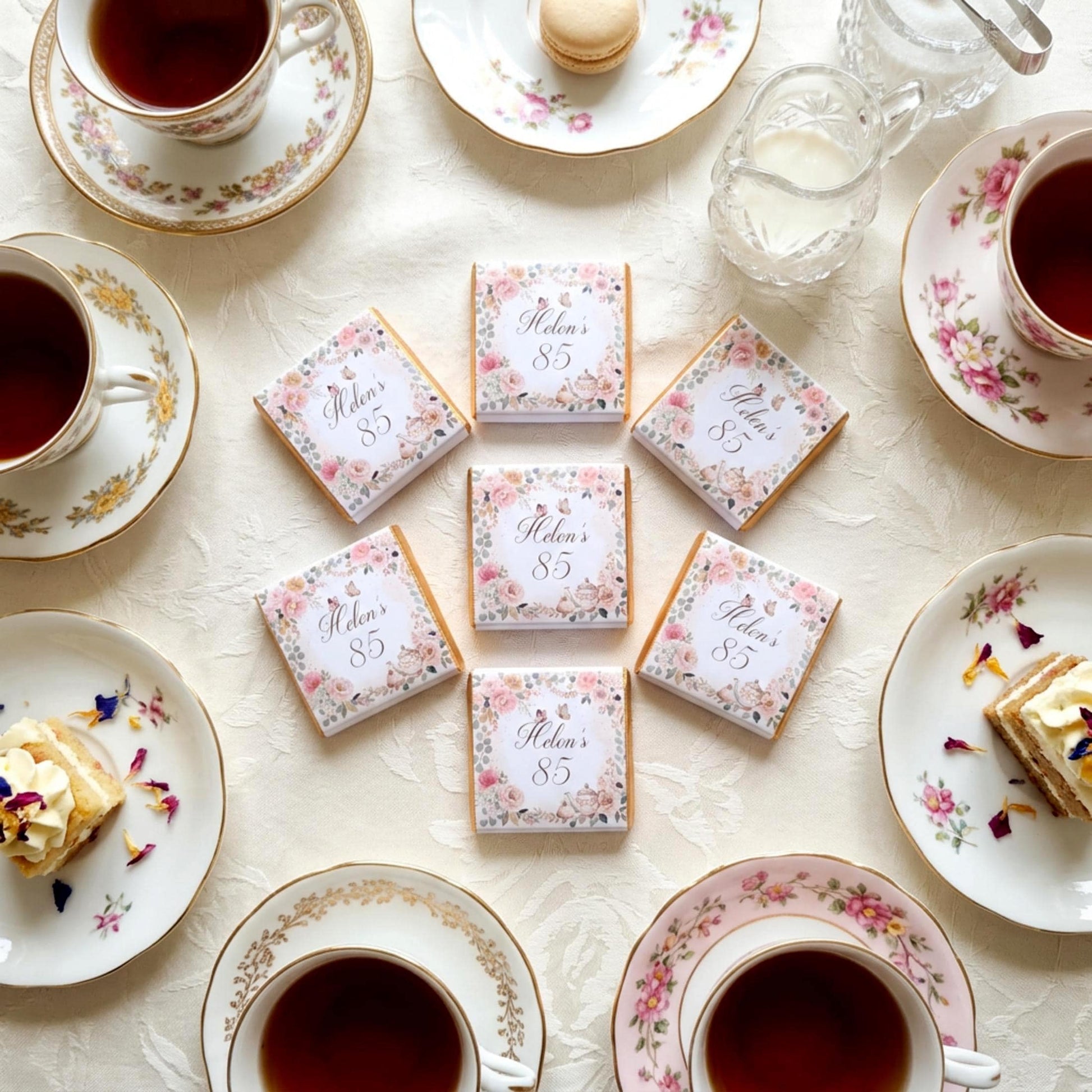 Personalised Vintage Tea Party Chocolate Favours - 80th Birthday Table Decor