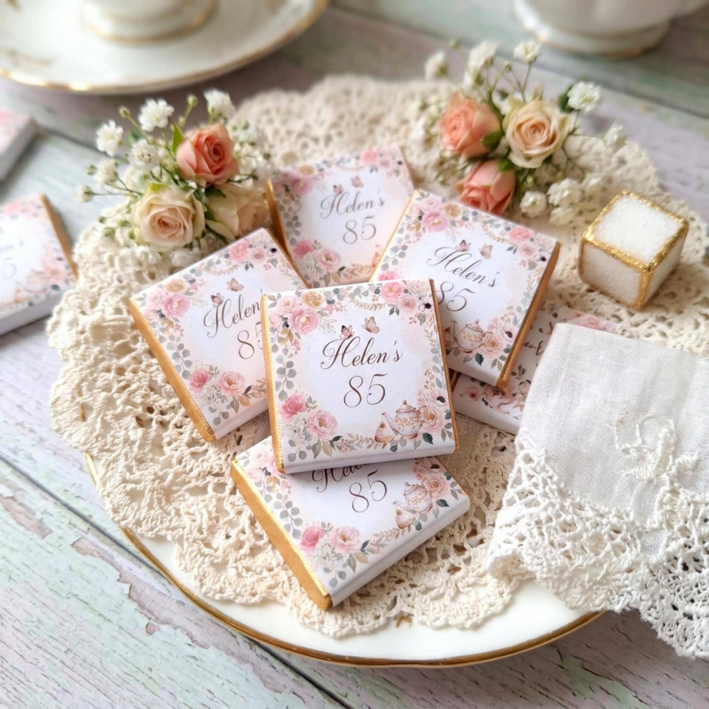 Personalised Vintage Tea Party Chocolate Favours - 80th Birthday Table Decor