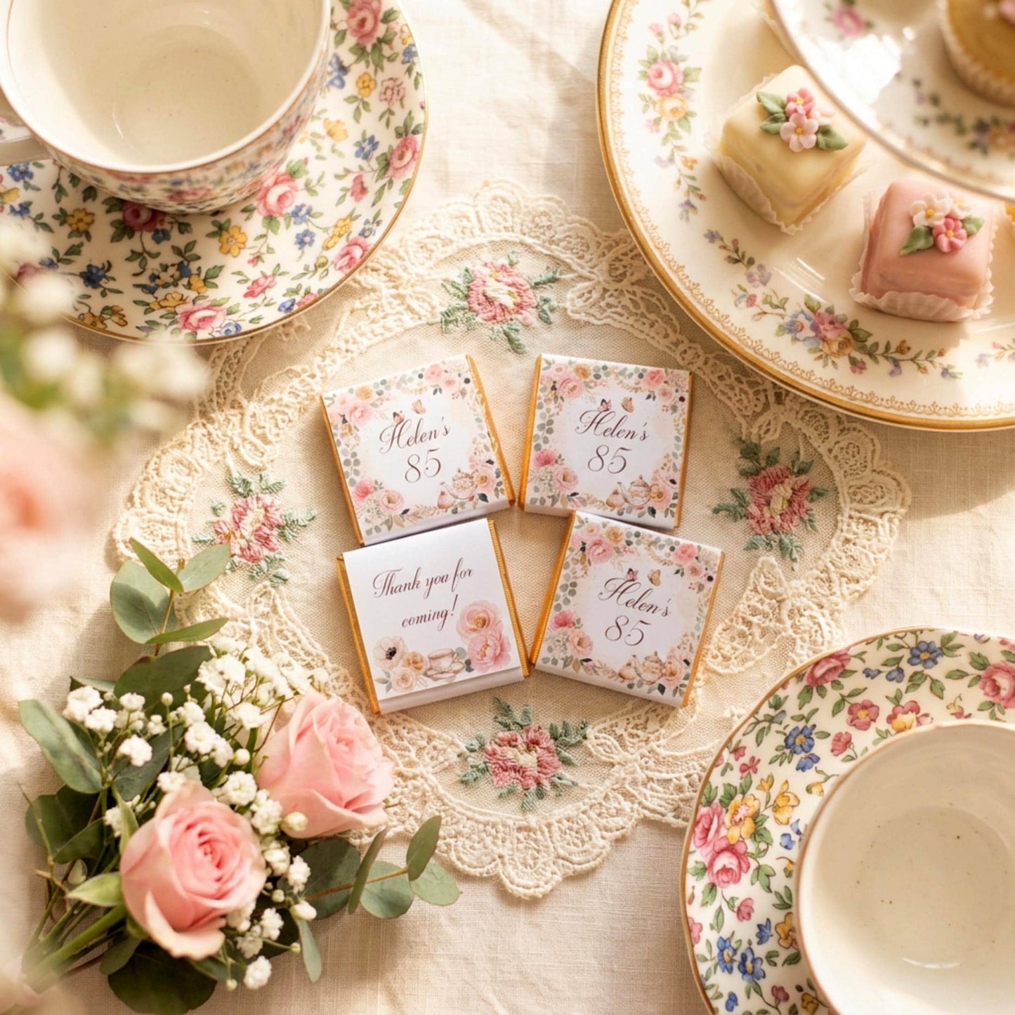 Personalised Vintage Tea Party Chocolate Favours - 80th Birthday Table Decor