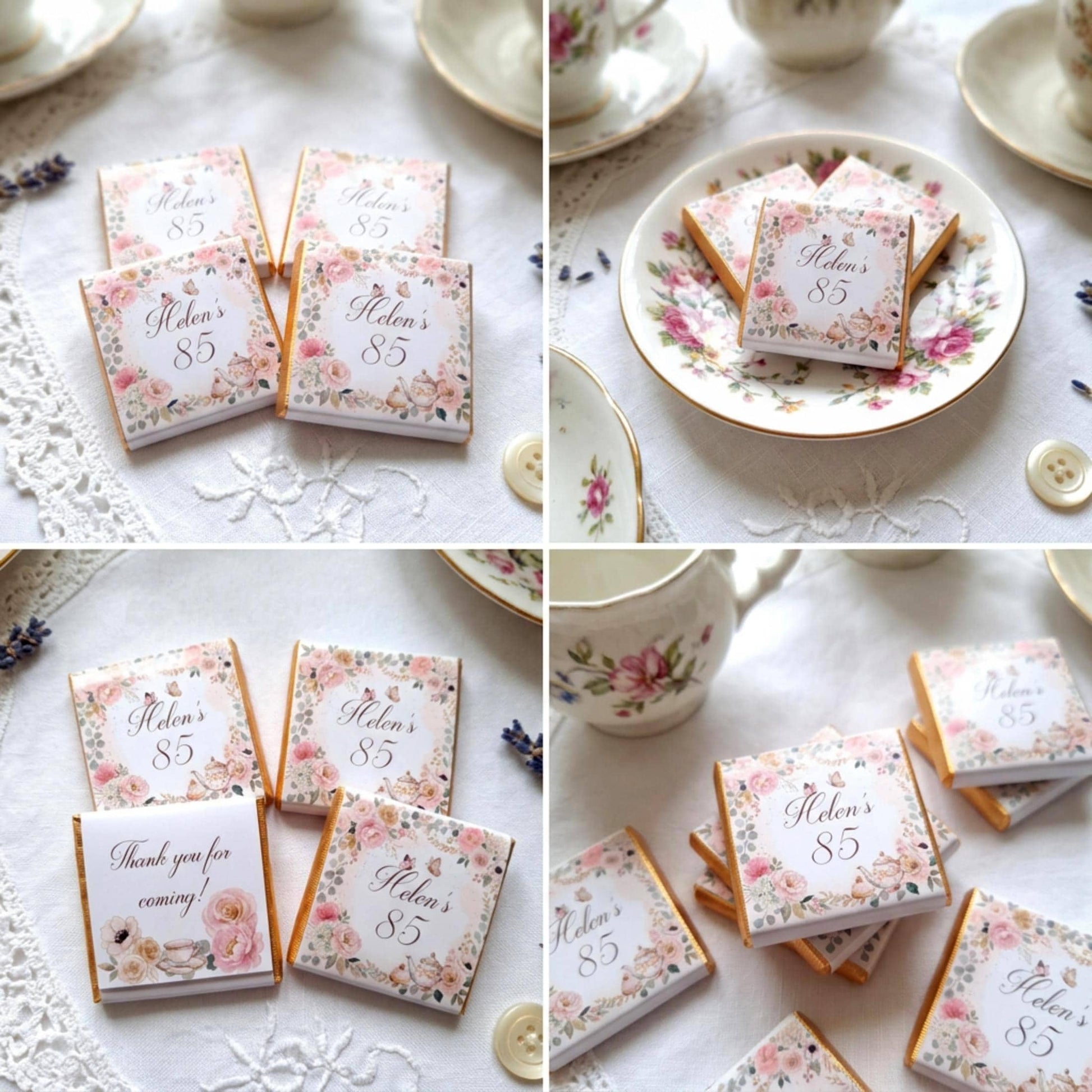 Personalised Vintage Tea Party Chocolate Favours - 80th Birthday Table Decor