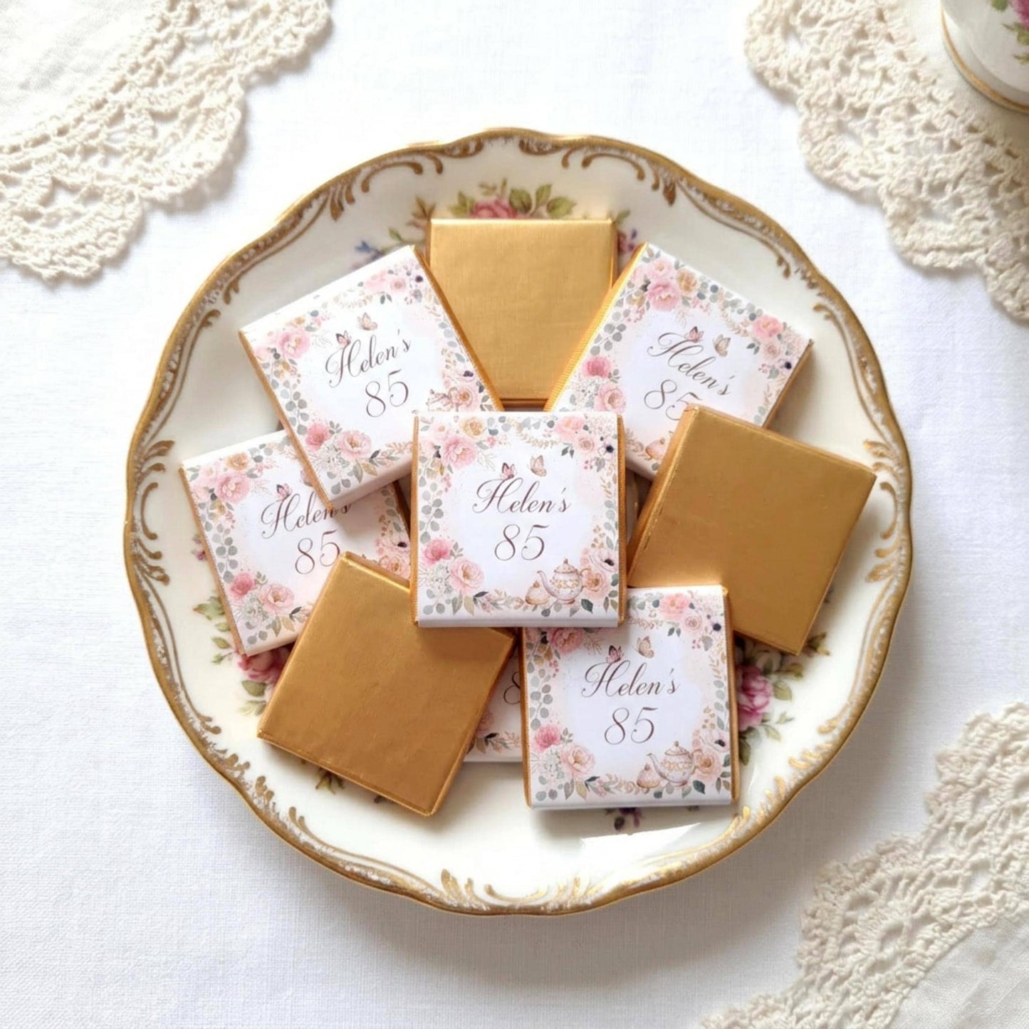 Personalised Vintage Tea Party Chocolate Favours - 80th Birthday Table Decor