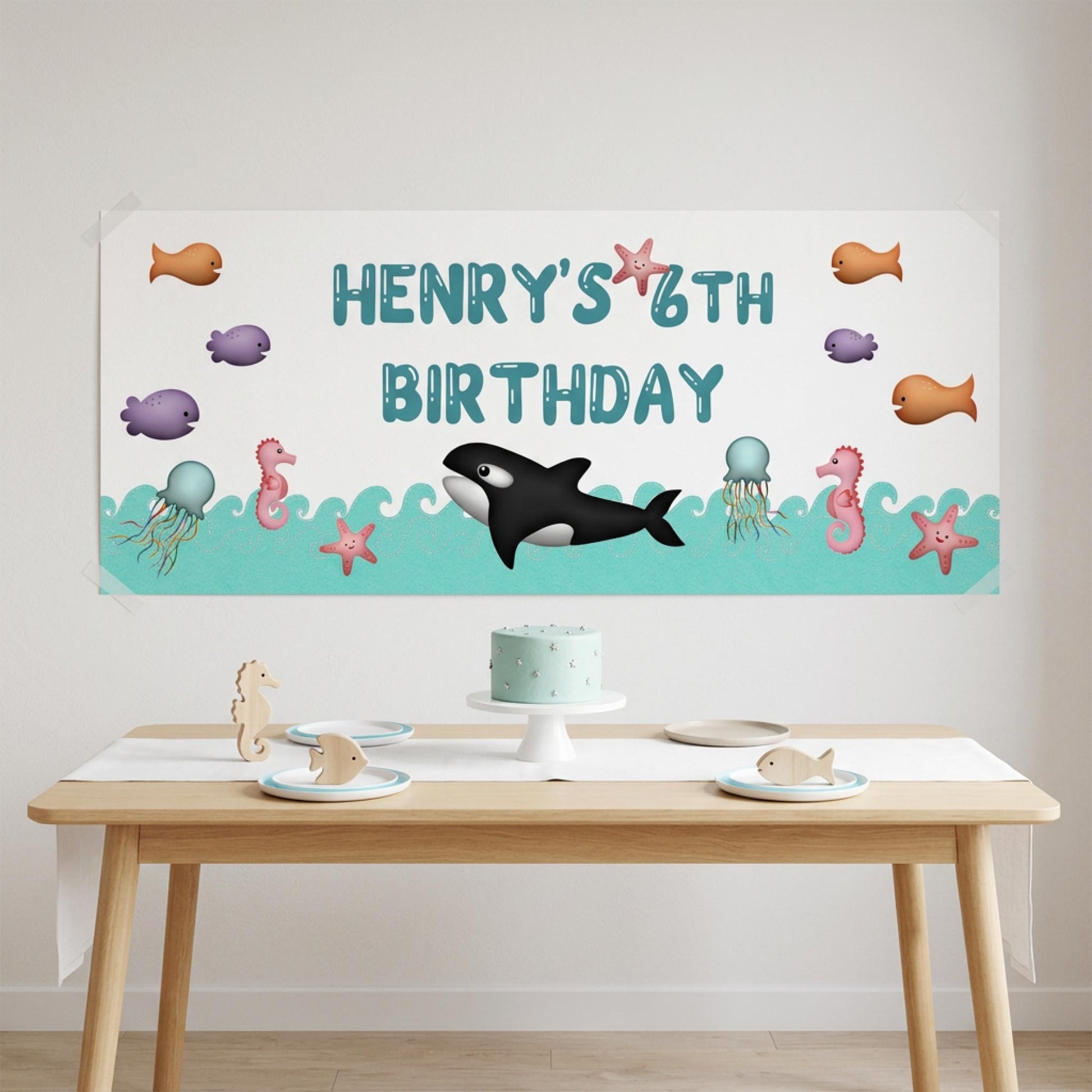 Personalised Under the Sea Birthday Banner, Orca Whale Party Backdrop, Ocean Sea Life Poster