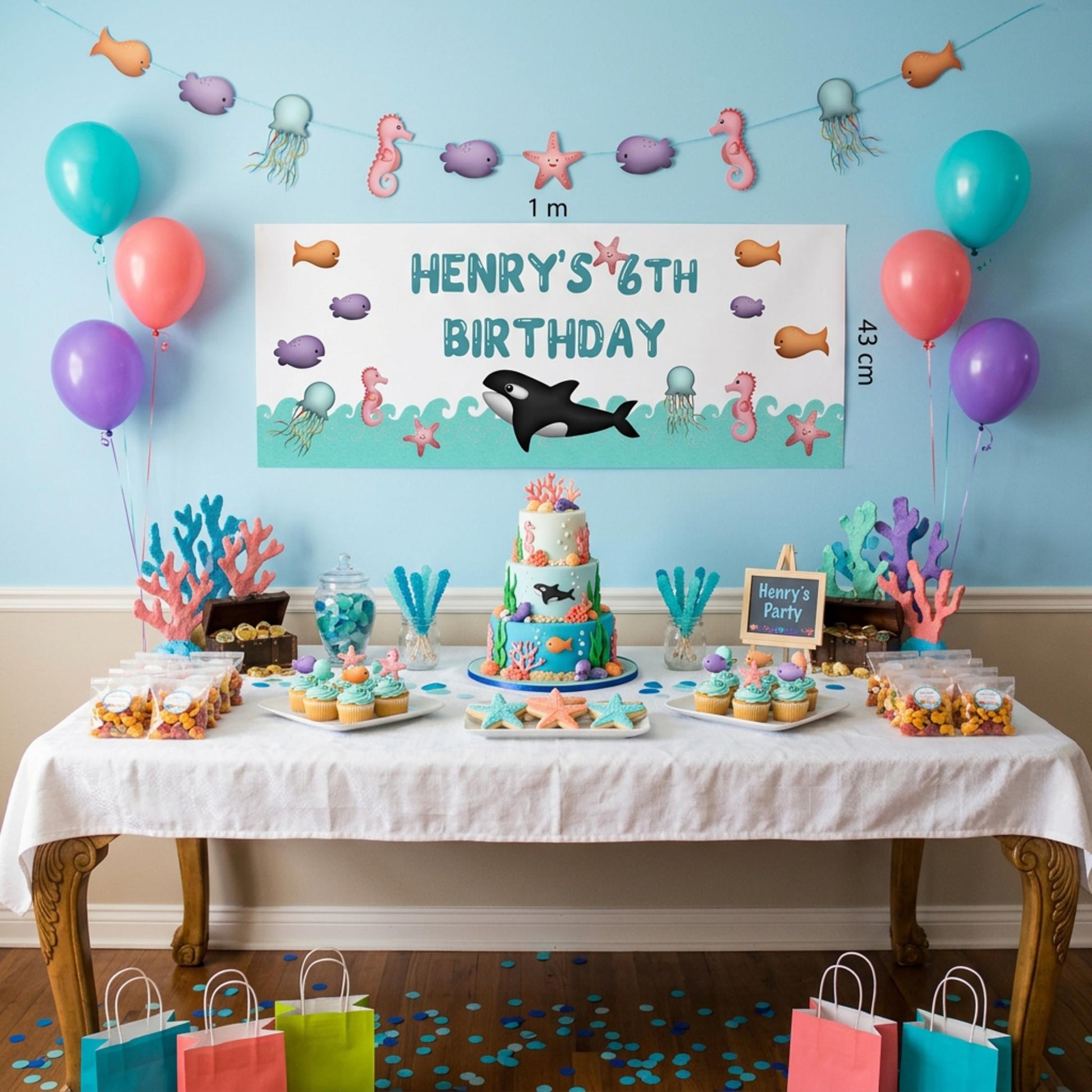 Personalised Under the Sea Birthday Banner, Orca Whale Party Backdrop, Ocean Sea Life Poster