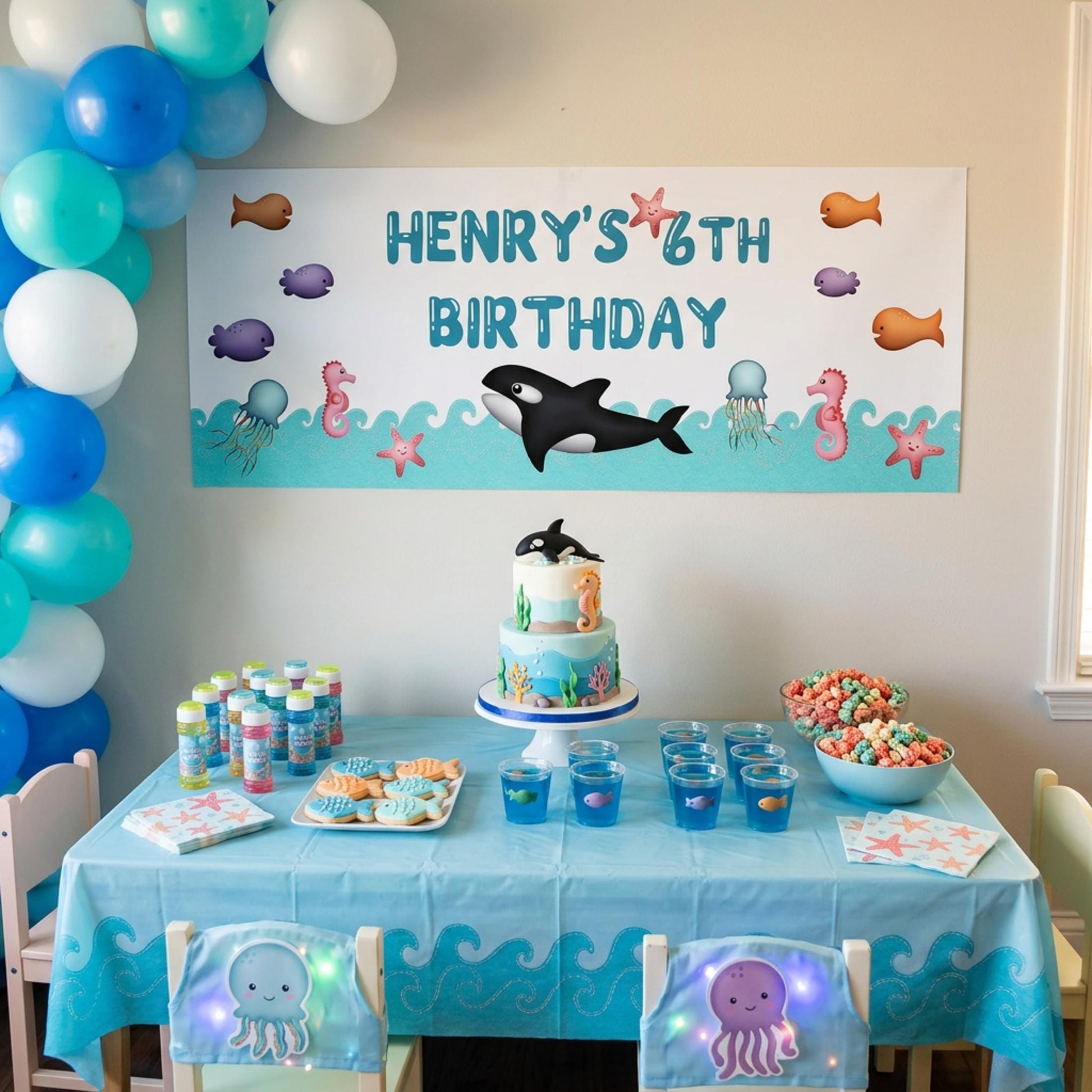 Personalised Under the Sea Birthday Banner, Orca Whale Party Backdrop, Ocean Sea Life Poster