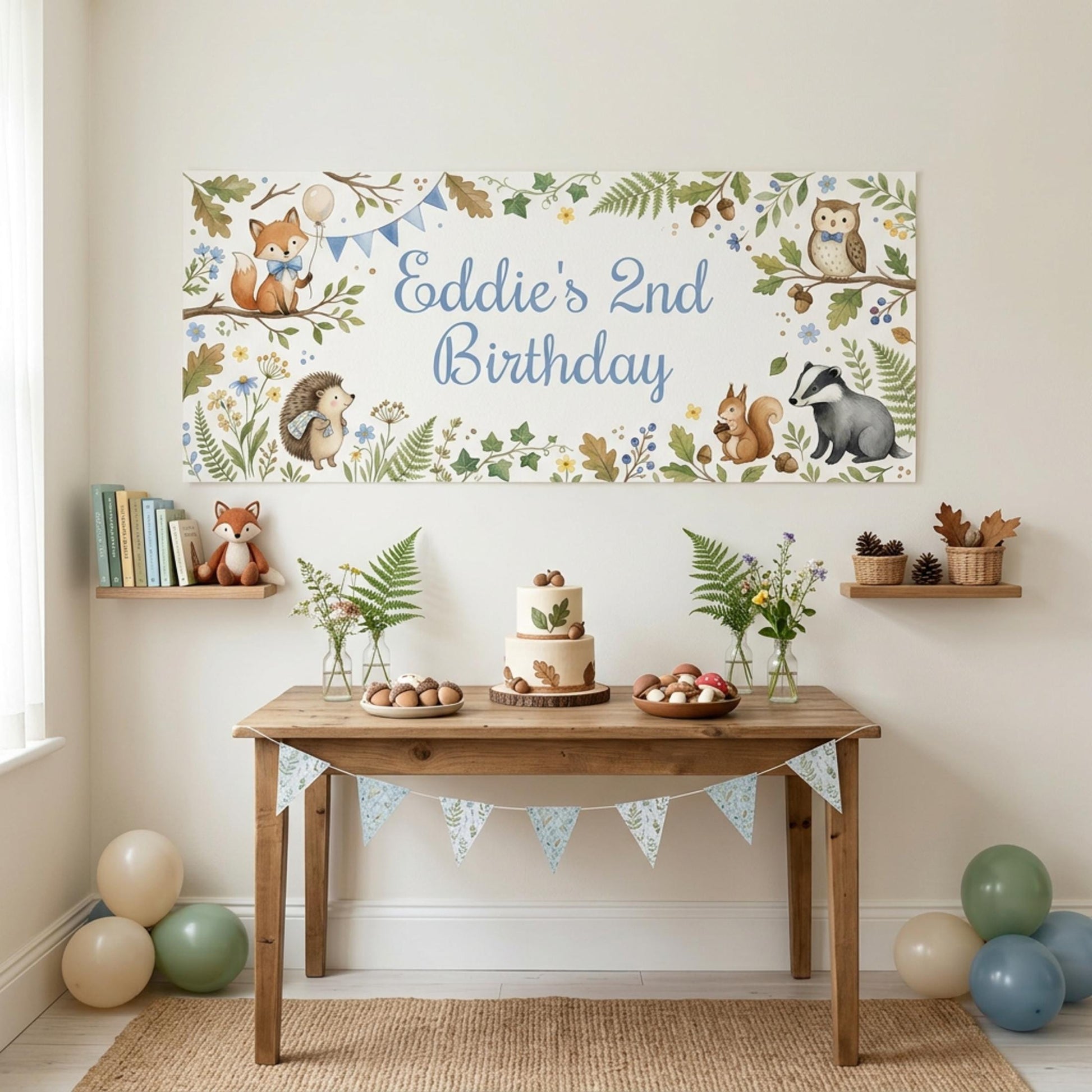 Personalised Woodland Animals Birthday Banner, Forest Party Backdrop for Boys, Toddler Milestone Wall Sign
