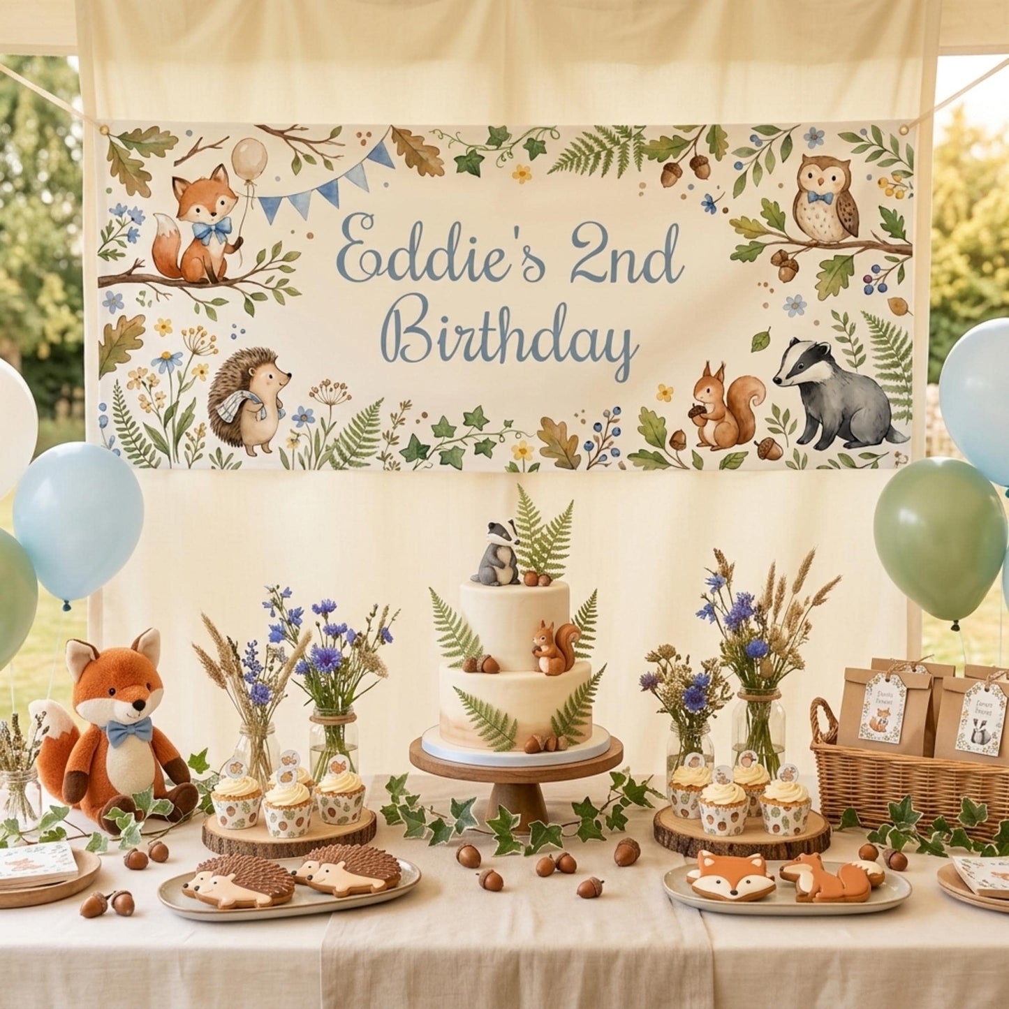 Personalised Woodland Animals Birthday Banner, Forest Party Backdrop for Boys, Toddler Milestone Wall Sign