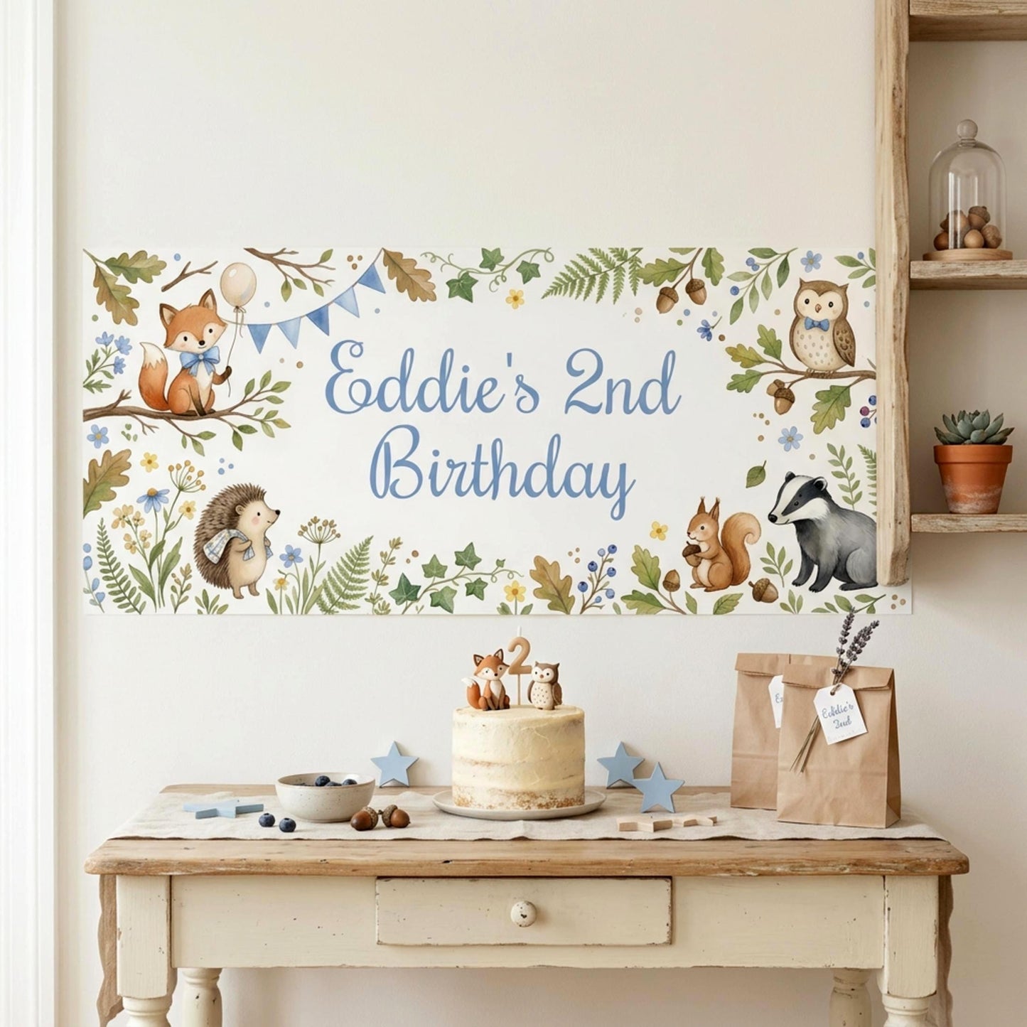 Personalised Woodland Animals Birthday Banner, Forest Party Backdrop for Boys, Toddler Milestone Wall Sign