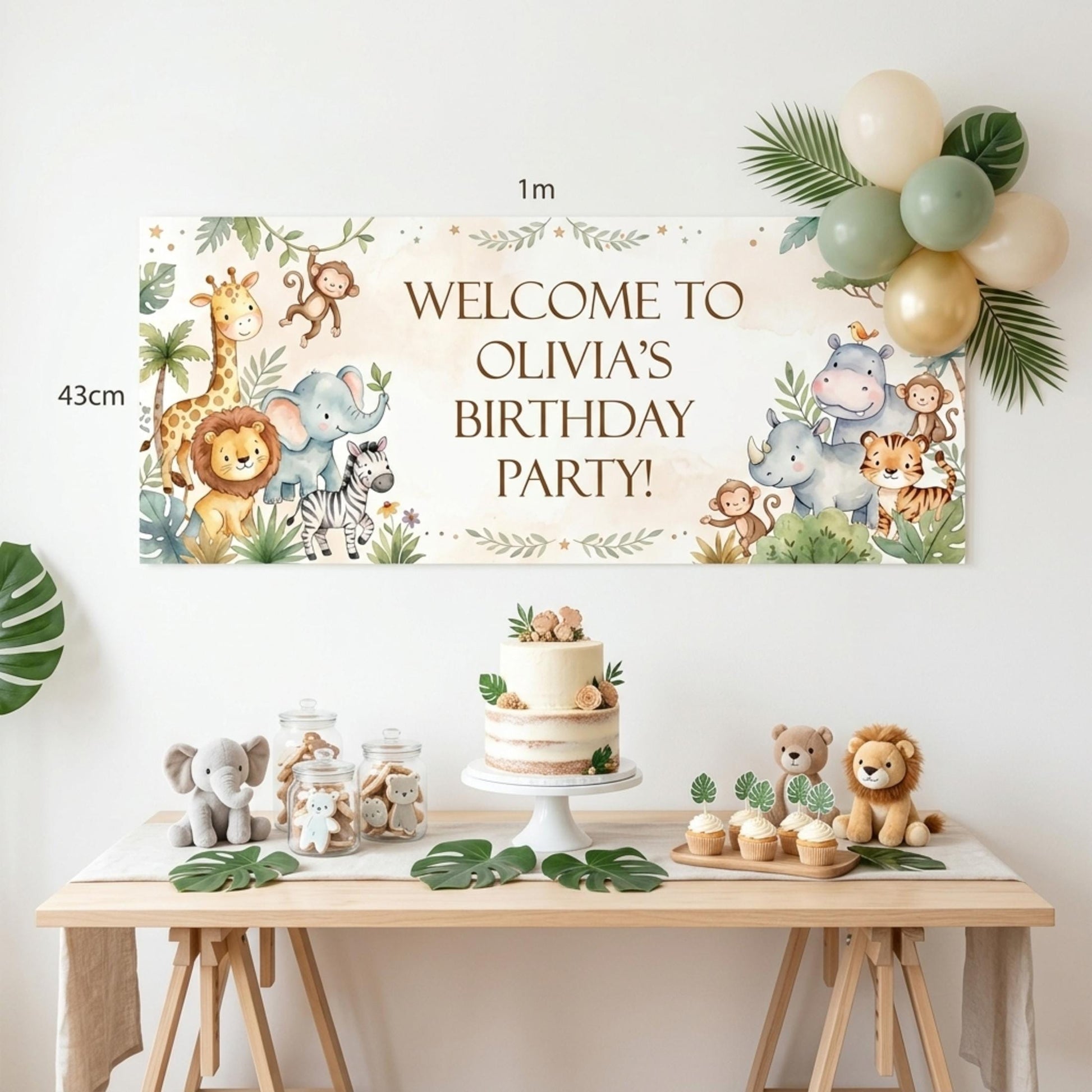 Personalised Jungle Birthday Banner, Custom Safari Party Backdrop, Neutral Wild One Milestone Sign