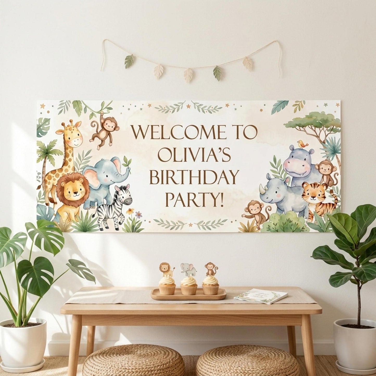 Personalised Jungle Birthday Banner, Custom Safari Party Backdrop, Neutral Wild One Milestone Sign