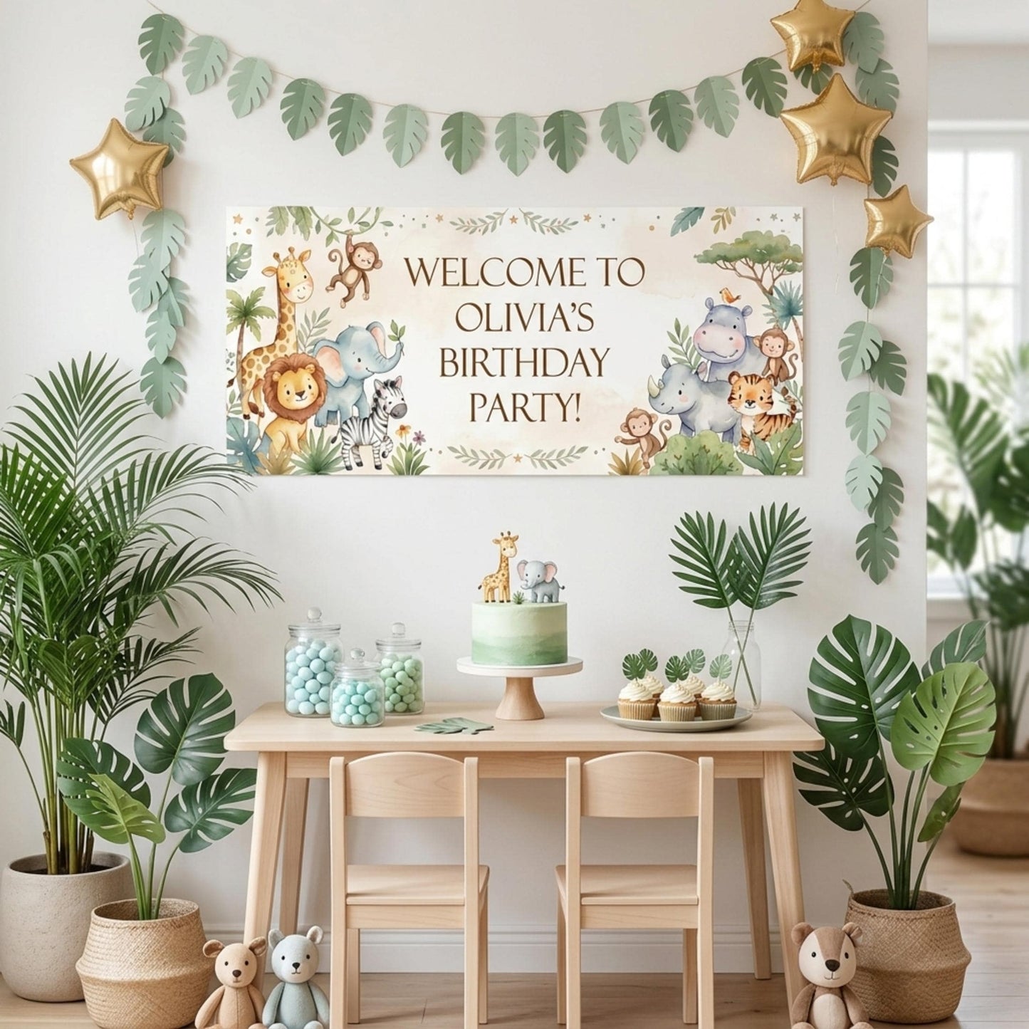 Personalised Jungle Birthday Banner, Custom Safari Party Backdrop, Neutral Wild One Milestone Sign