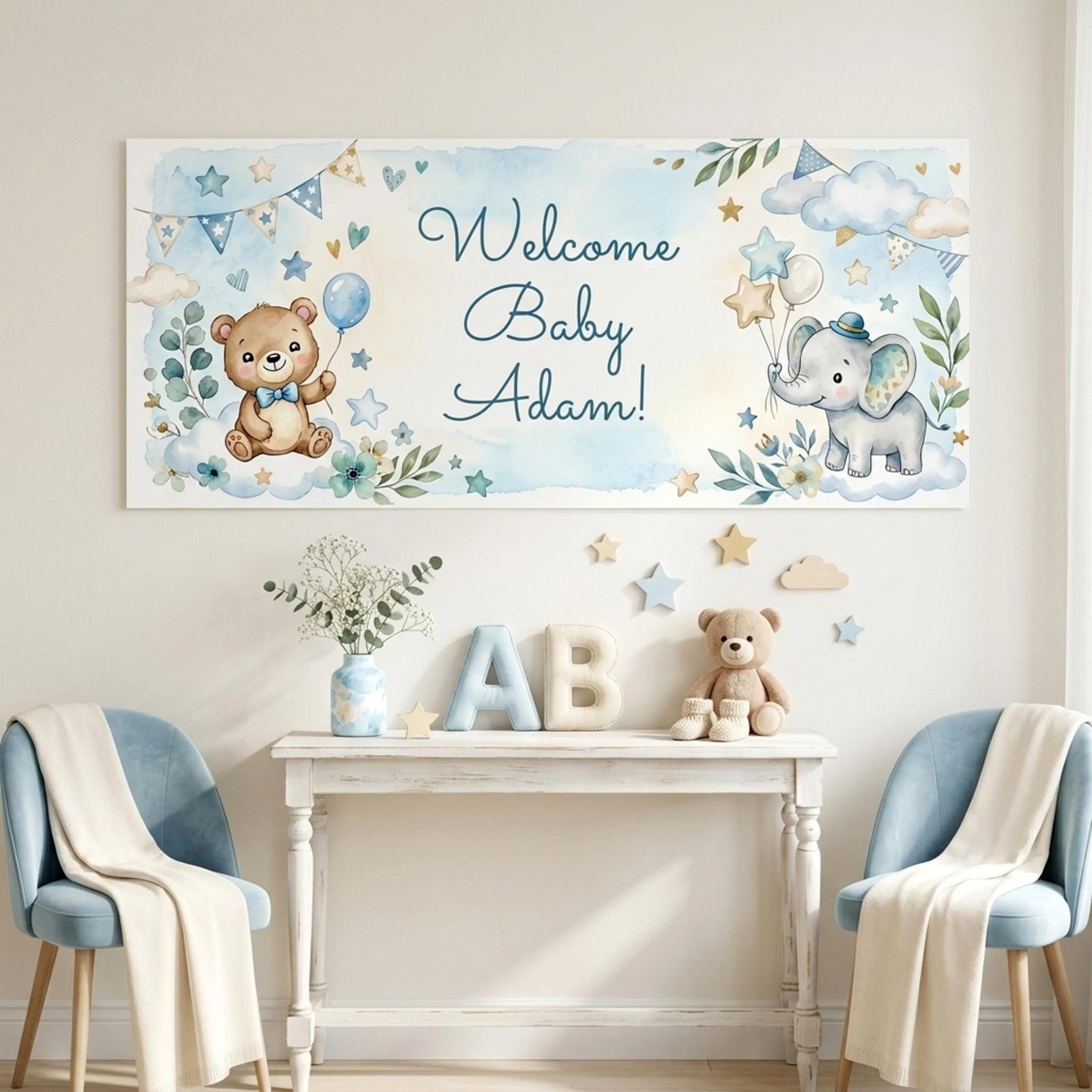 Personalised Baby Shower Banner, Custom 1st Birthday Party Backdrop, Welcome Baby Boy Sign