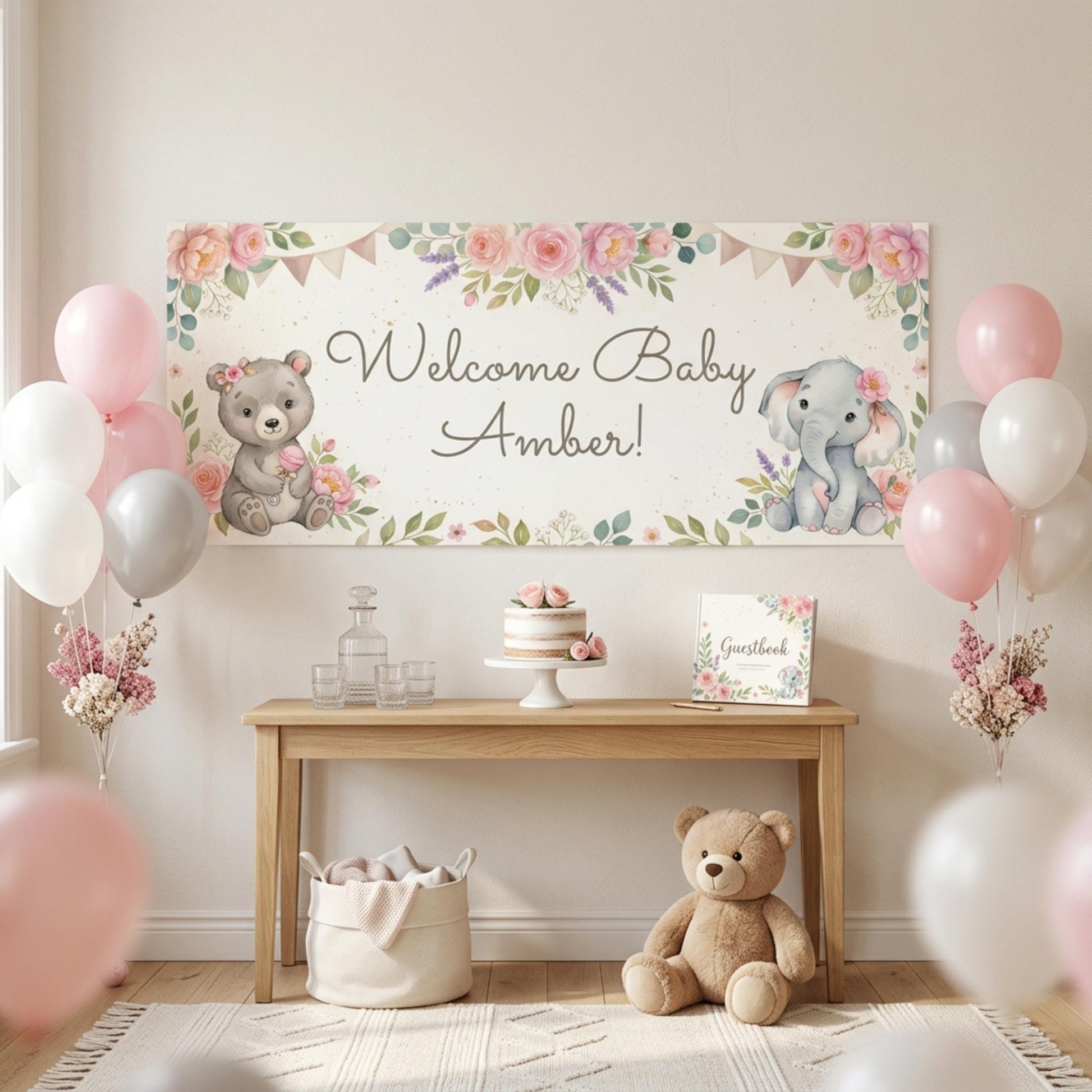 Personalised Baby Shower Banner, Custom 1st Birthday Party Backdrop, Welcome Baby Girl Sign