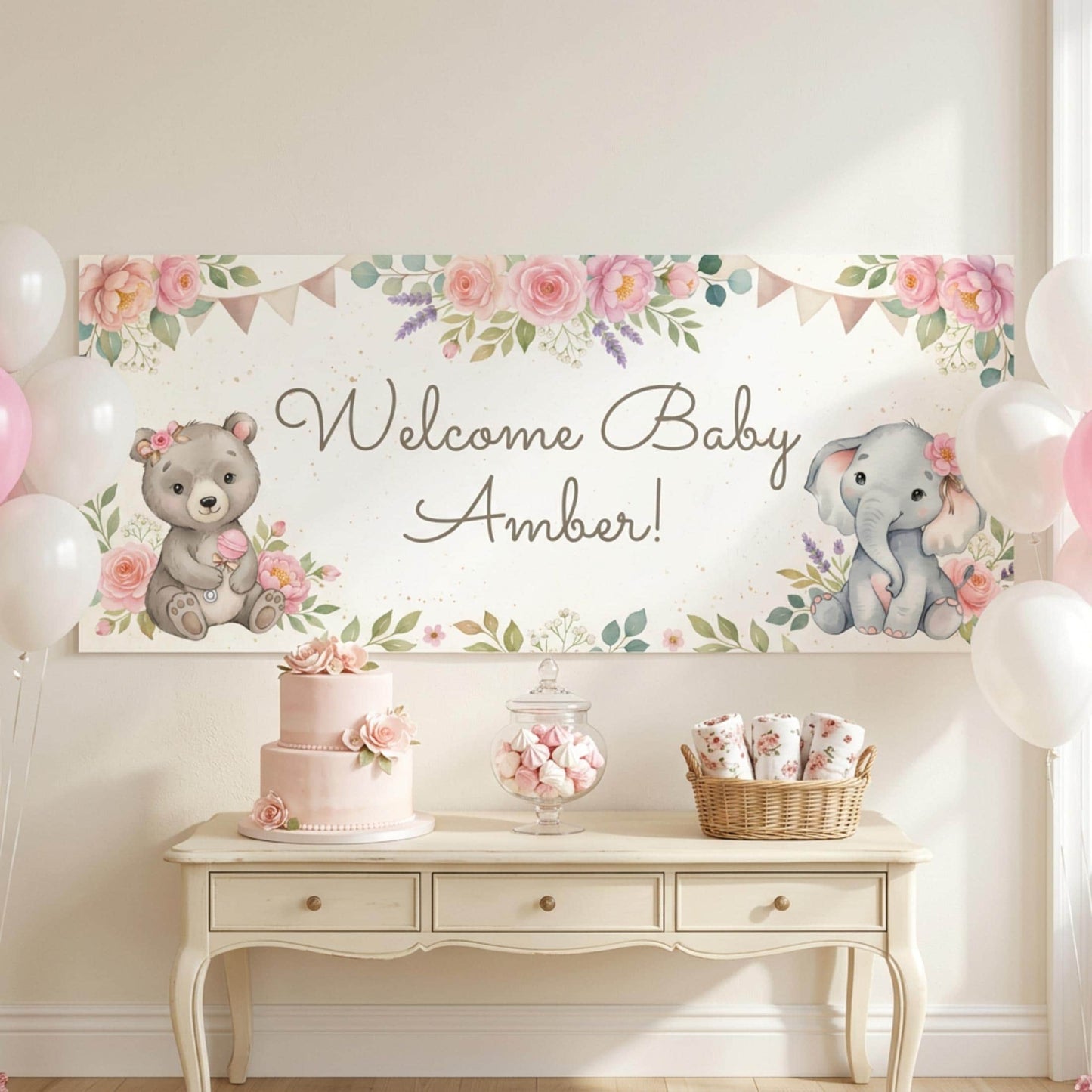 Personalised Baby Shower Banner, Custom 1st Birthday Party Backdrop, Welcome Baby Girl Sign