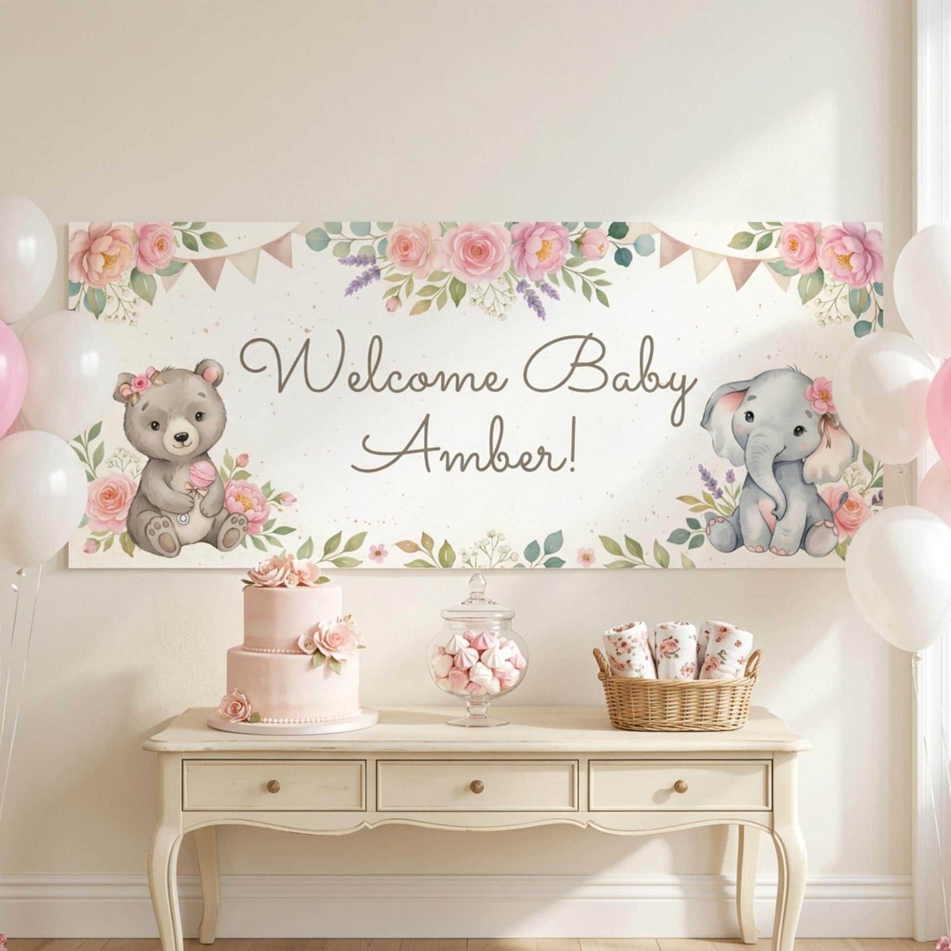 Personalised Baby Shower Banner, Custom 1st Birthday Party Backdrop, Welcome Baby Girl Sign