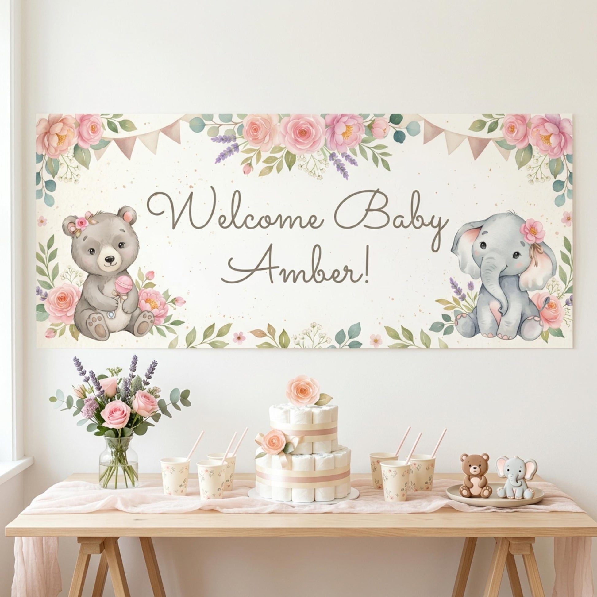 Personalised Baby Shower Banner, Custom 1st Birthday Party Backdrop, Welcome Baby Girl Sign
