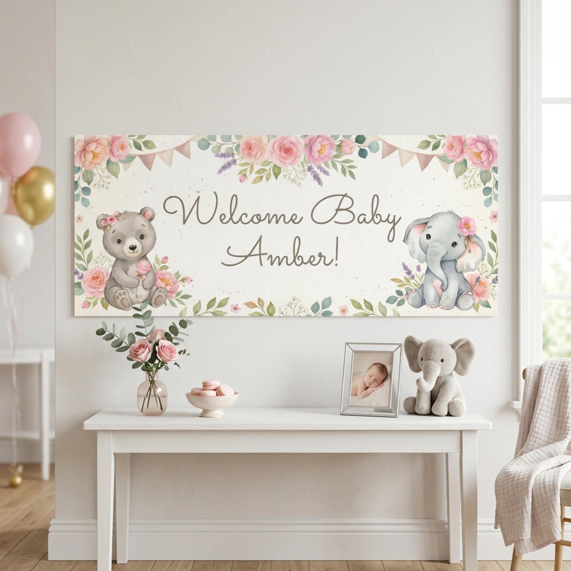 Personalised Baby Shower Banner, Custom 1st Birthday Party Backdrop, Welcome Baby Girl Sign