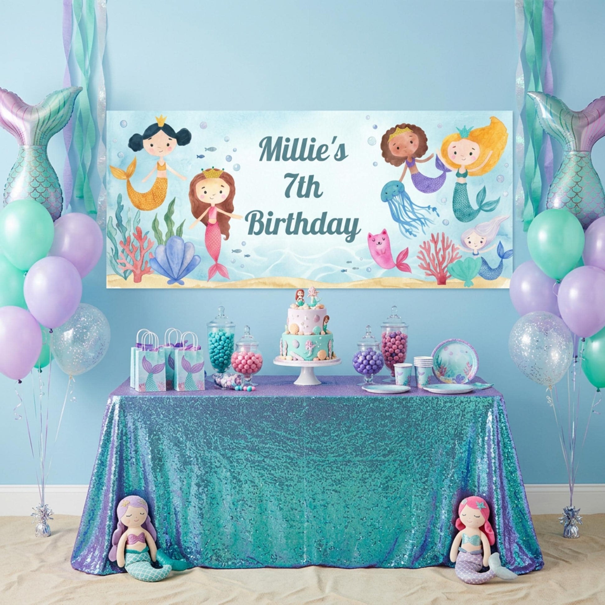 Personalised Mermaid Birthday Banner, Under the Sea Backdrop, Girls magical Ocean Poster