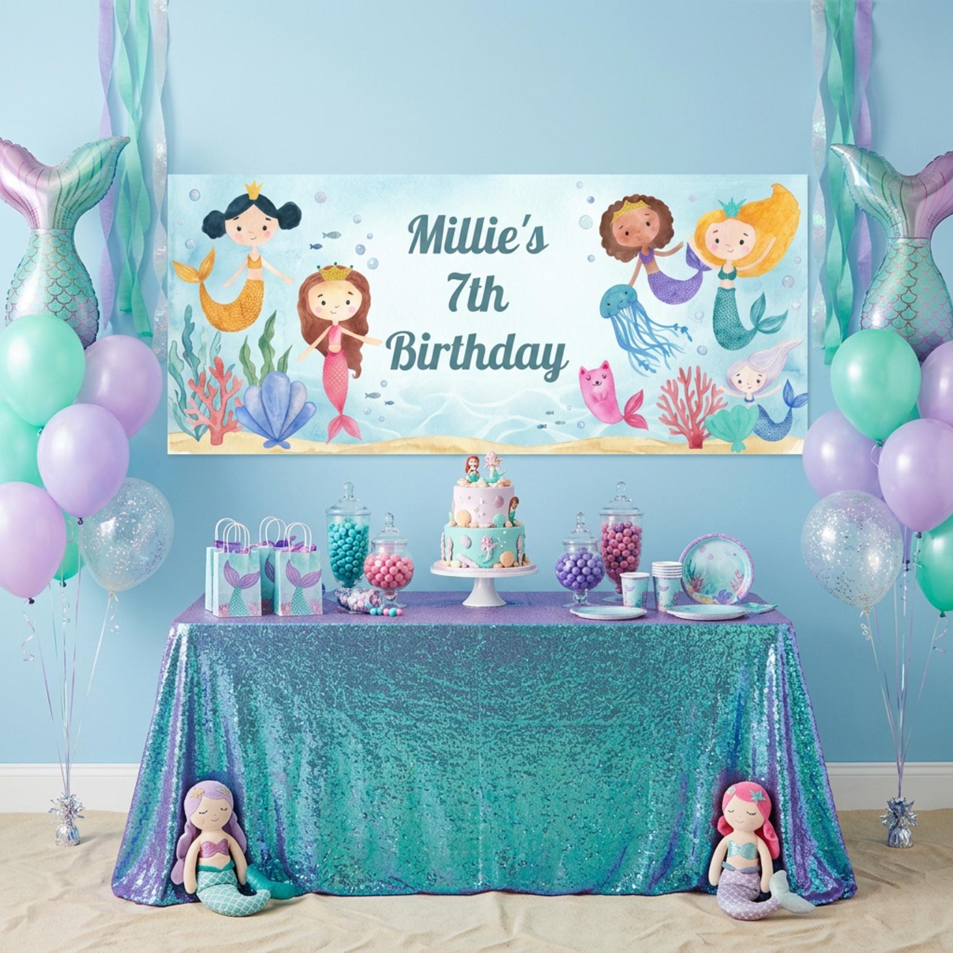 Personalised Mermaid Birthday Banner, Under the Sea Backdrop, Girls magical Ocean Poster