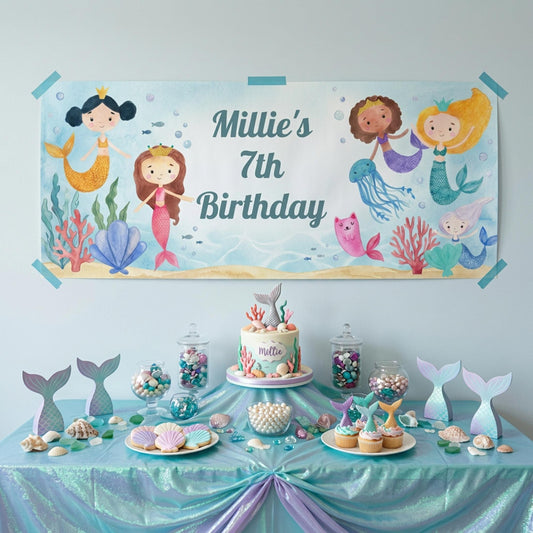 Personalised Mermaid Birthday Banner, Under the Sea Backdrop, Girls magical Ocean Poster