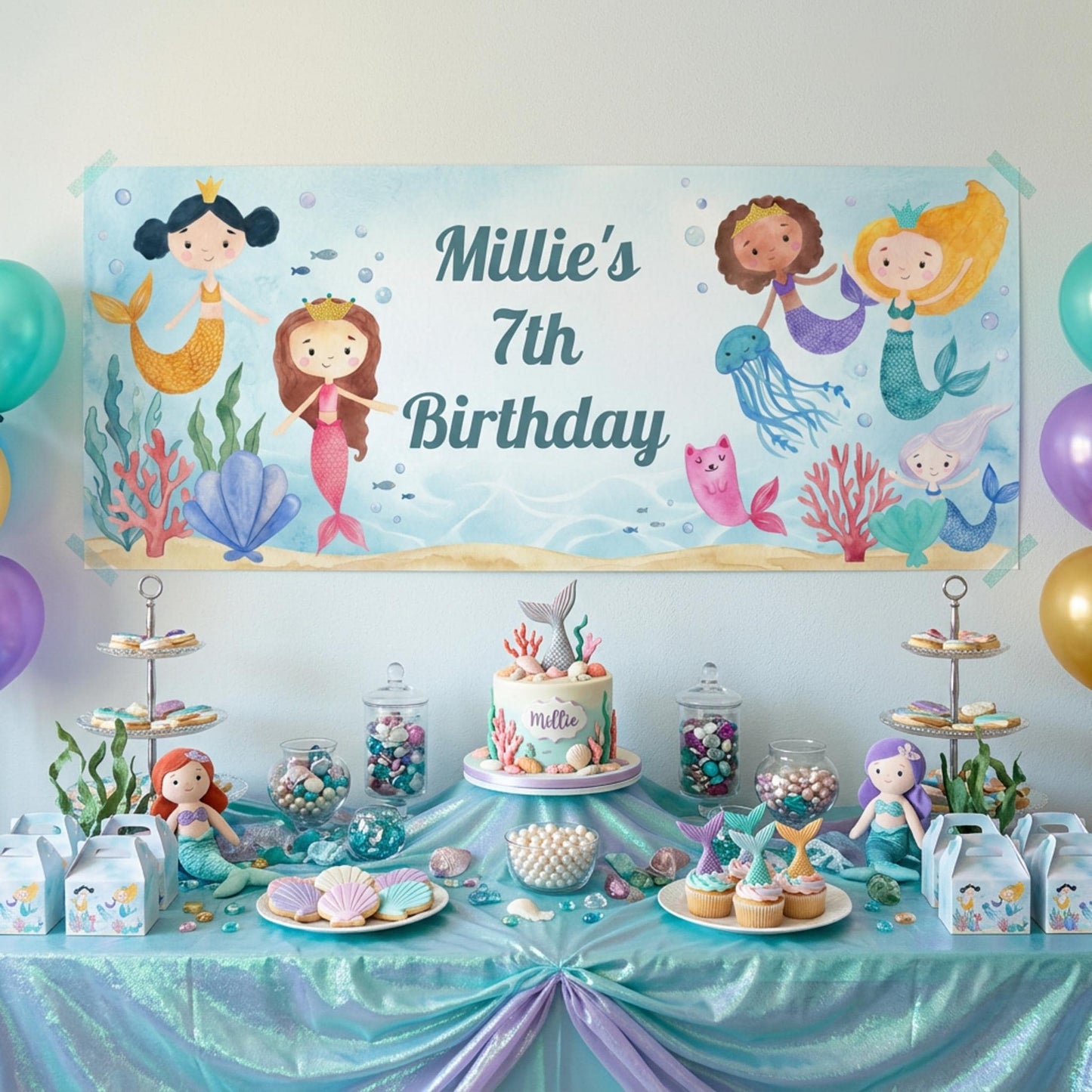 Personalised Mermaid Birthday Banner, Under the Sea Backdrop, Girls magical Ocean Poster