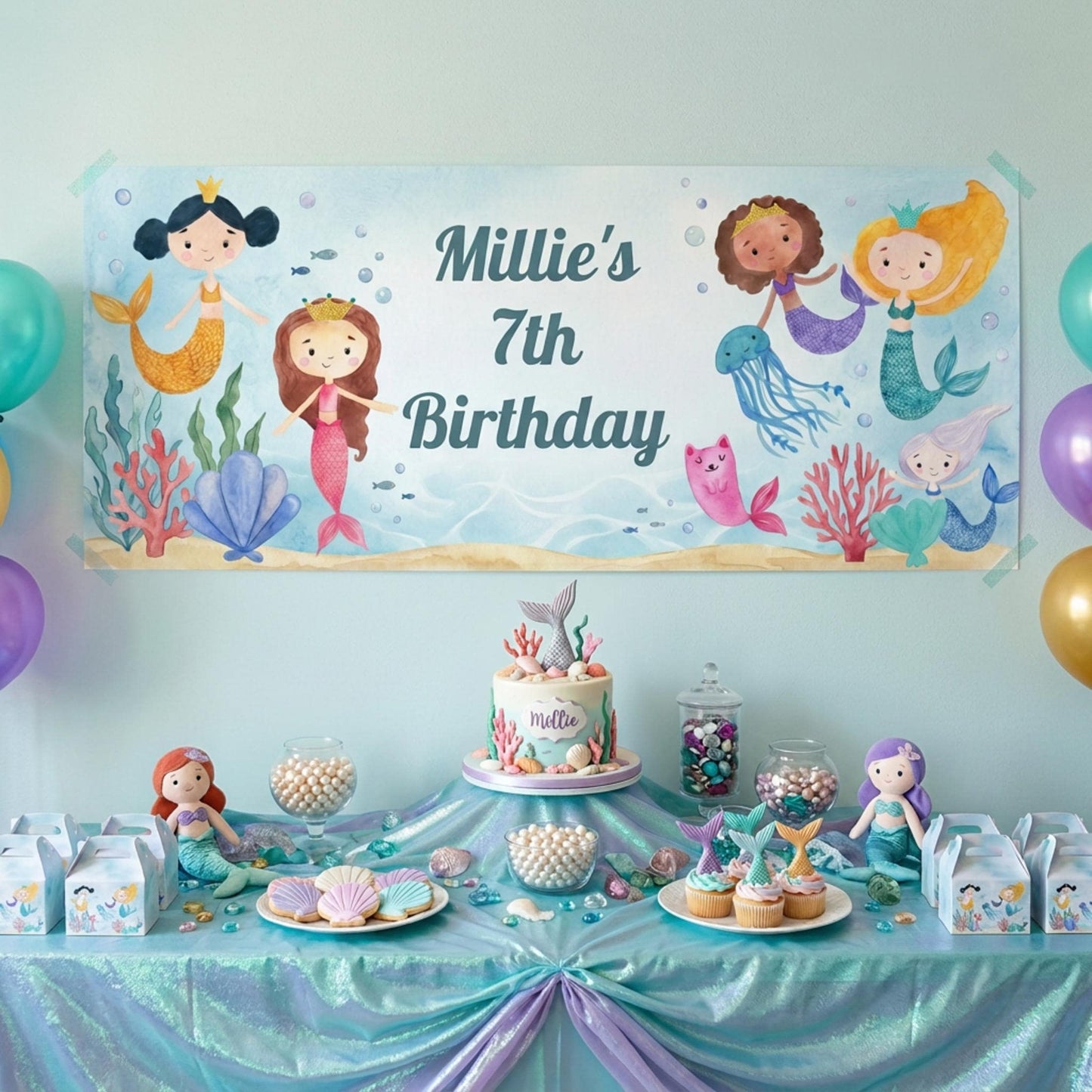 Personalised Mermaid Birthday Banner, Under the Sea Backdrop, Girls magical Ocean Poster