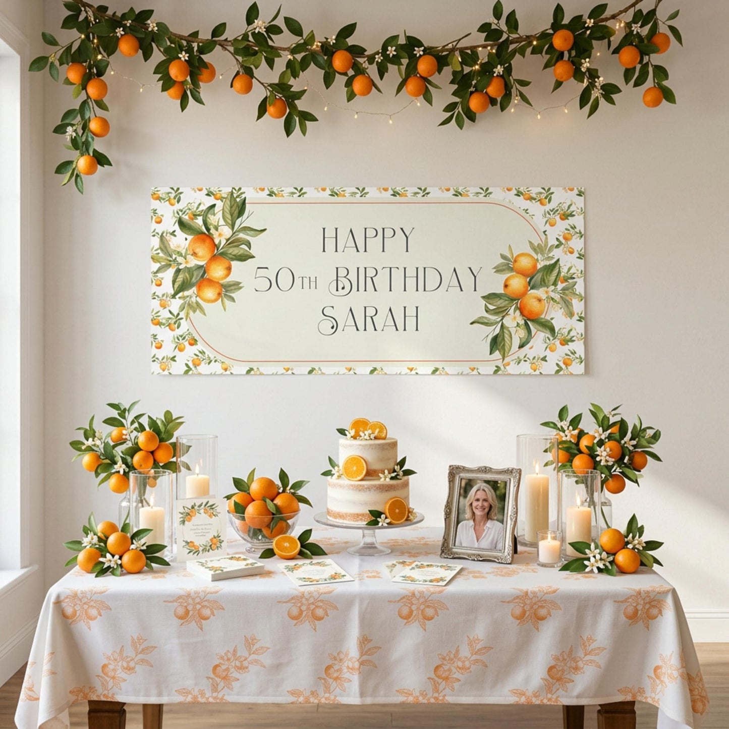 Personalised Orange Blossom Birthday Banner, Citrus Party Backdrop, Mediterranean Birthday Wedding Sign
