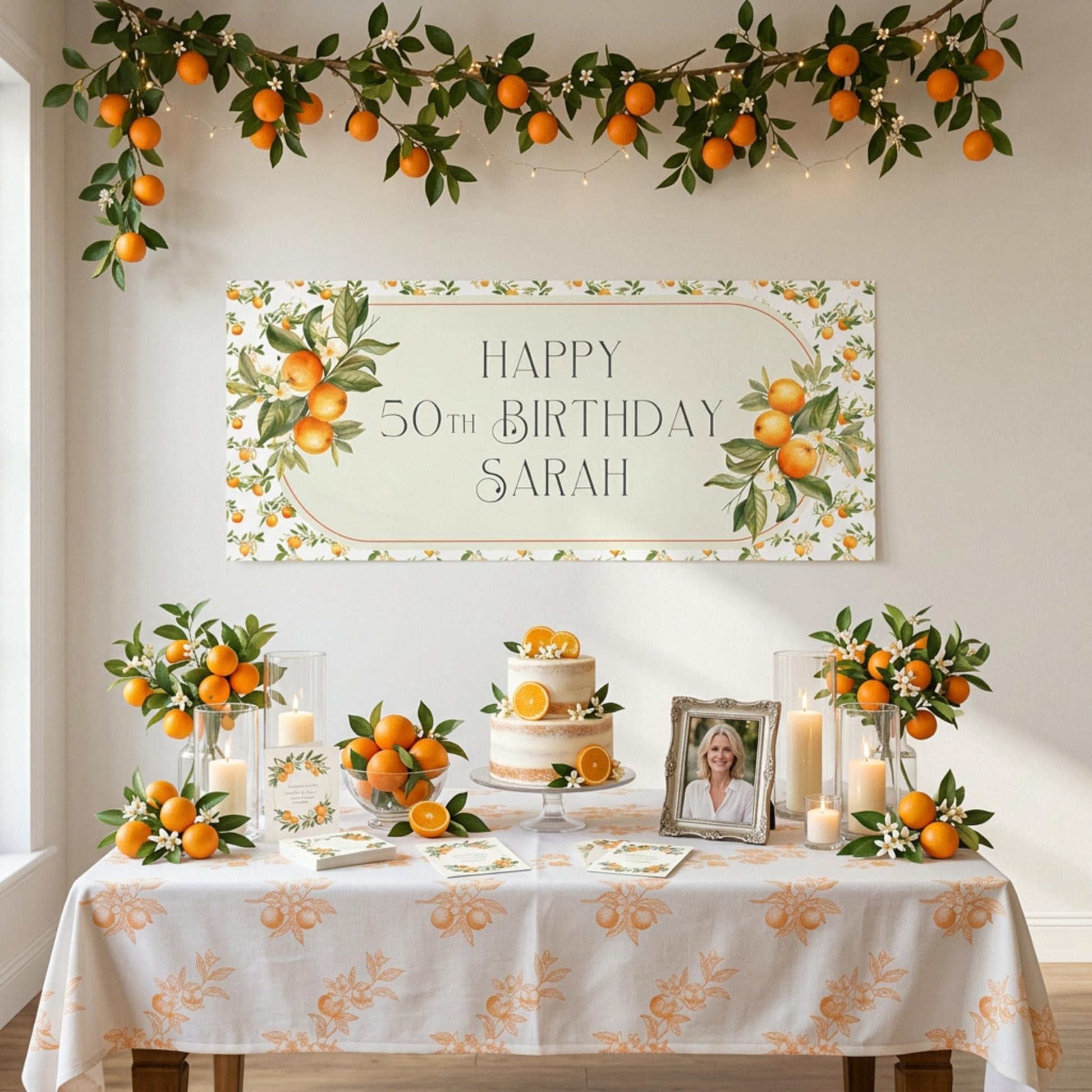 Personalised Orange Blossom Birthday Banner, Citrus Party Backdrop, Mediterranean Birthday Wedding Sign