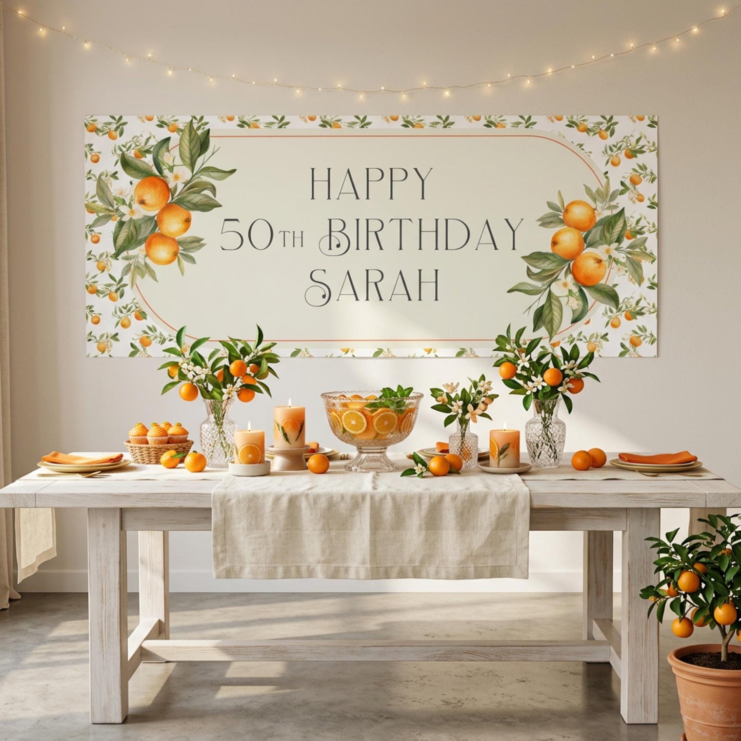 Personalised Orange Blossom Birthday Banner, Citrus Party Backdrop, Mediterranean Birthday Wedding Sign