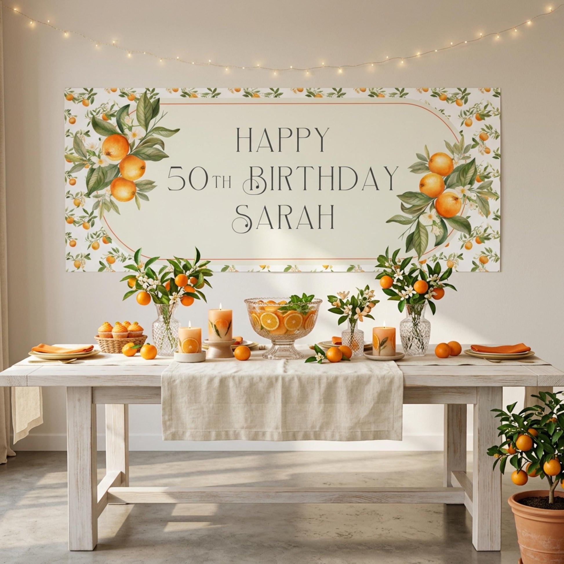 Personalised Orange Blossom Birthday Banner, Citrus Party Backdrop, Mediterranean Birthday Wedding Sign
