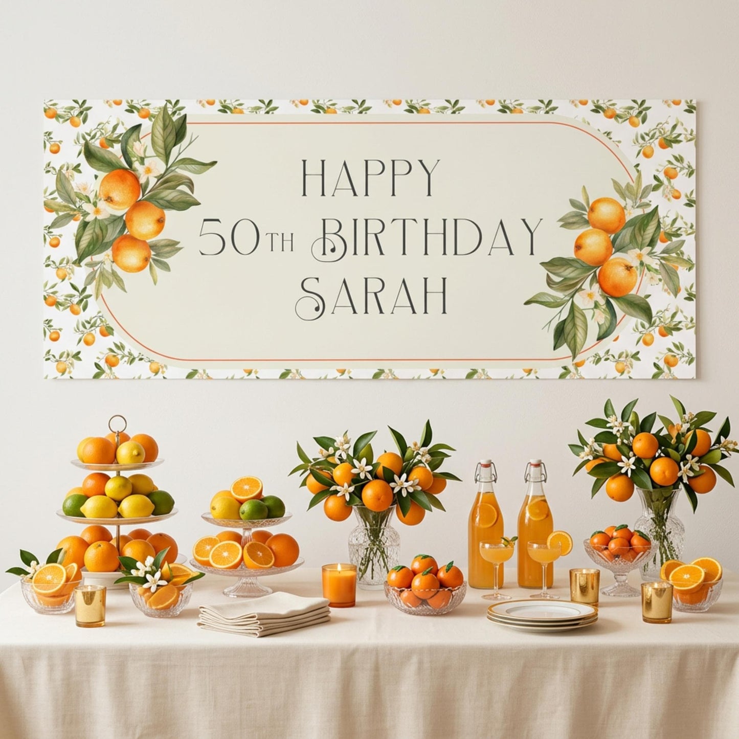 Personalised Orange Blossom Birthday Banner, Citrus Party Backdrop, Mediterranean Birthday Wedding Sign