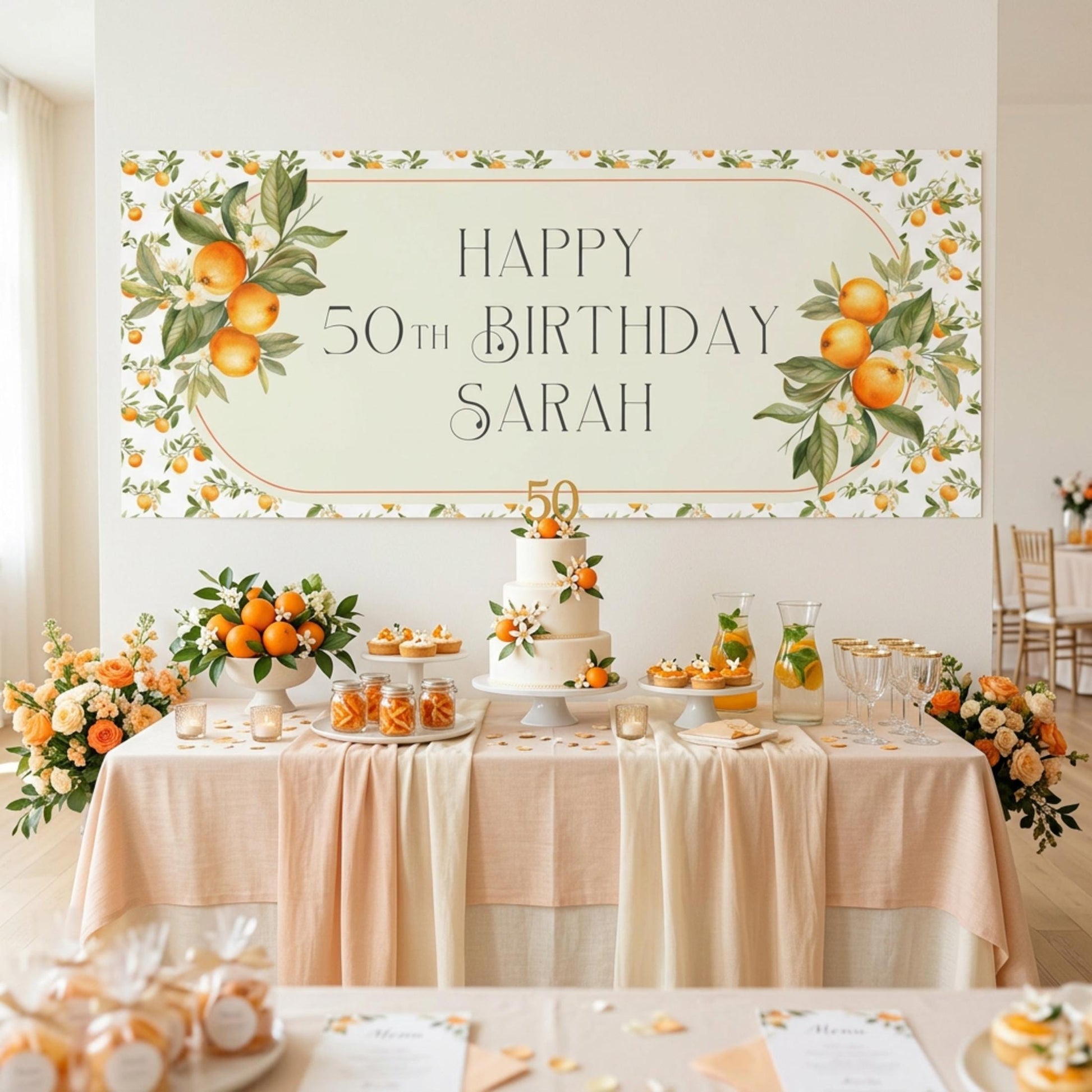 Personalised Orange Blossom Birthday Banner, Citrus Party Backdrop, Mediterranean Birthday Wedding Sign