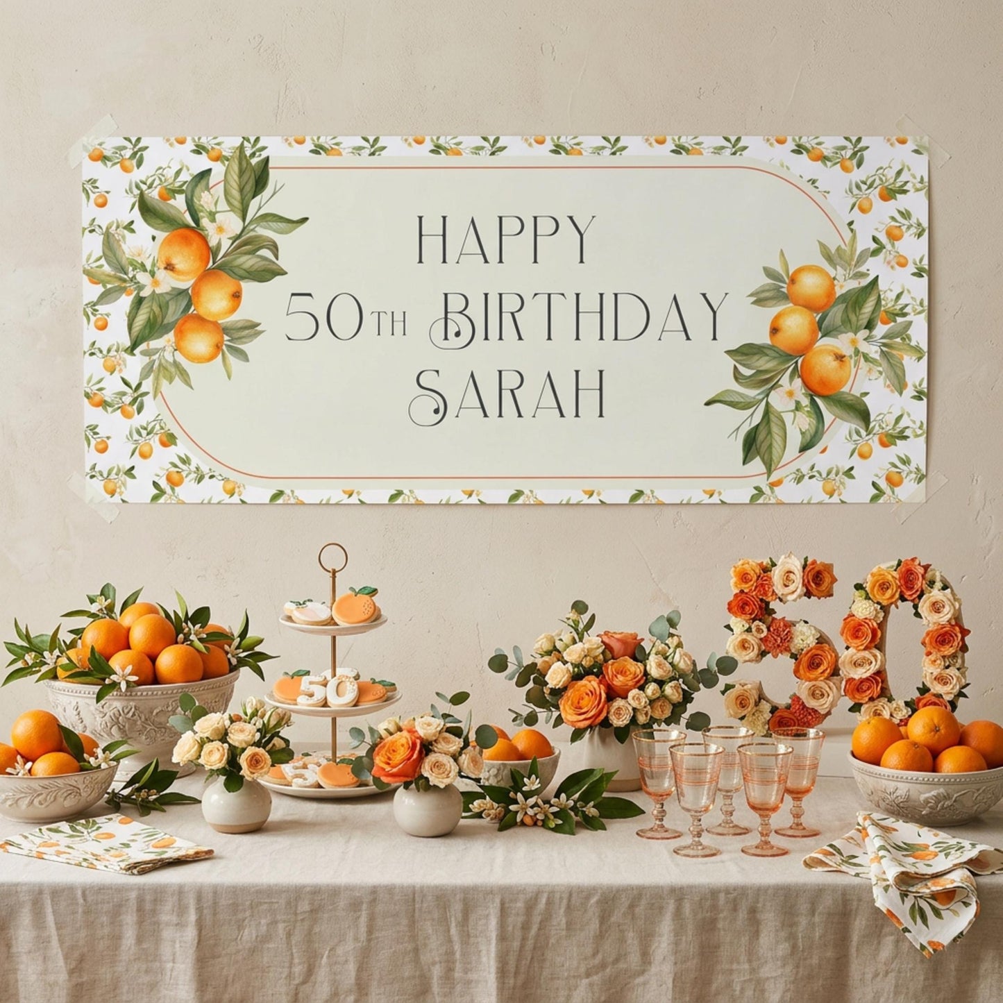 Personalised Orange Blossom Birthday Banner, Citrus Party Backdrop, Mediterranean Birthday Wedding Sign