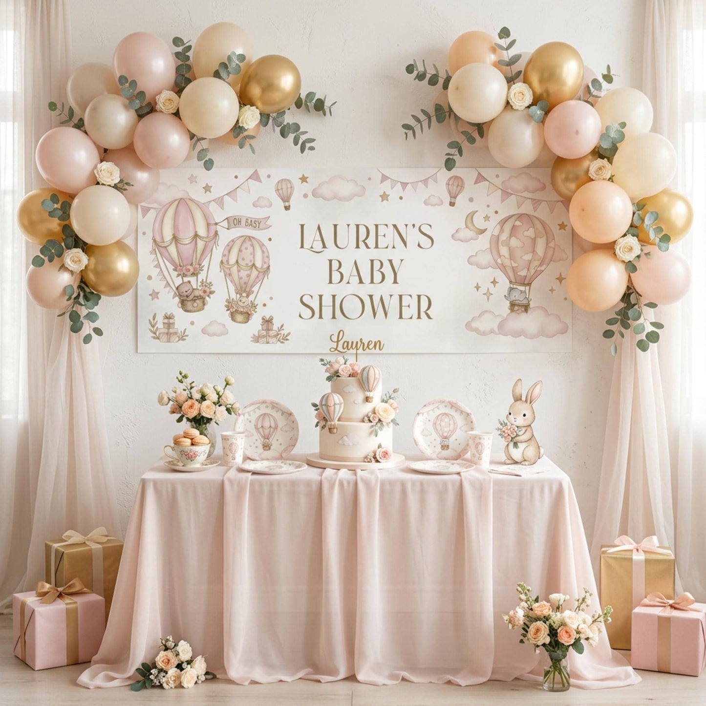 Personalised Girl Baby Shower Banner, Pink Hot Air Balloon Party Backdrop