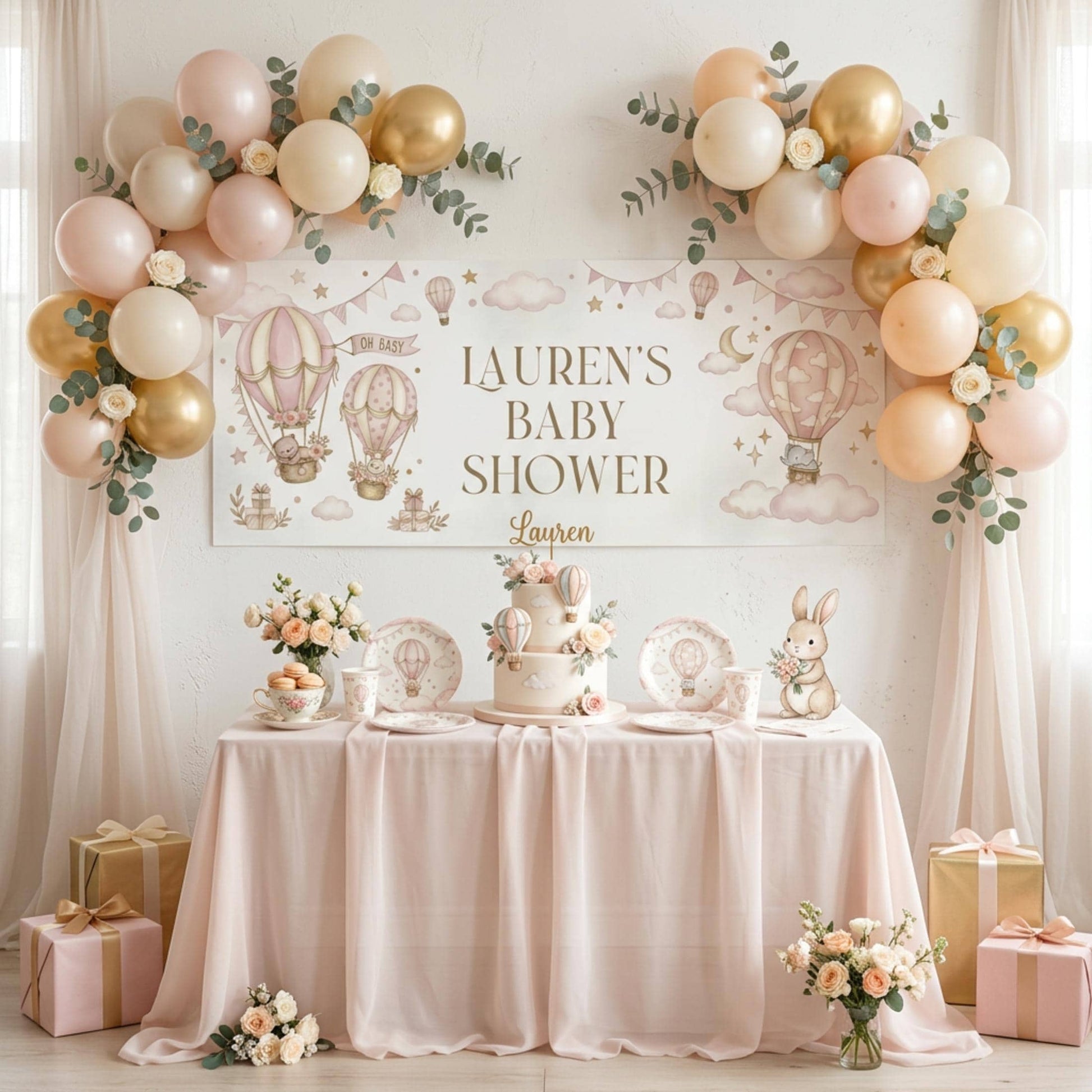 Personalised Girl Baby Shower Banner, Pink Hot Air Balloon Party Backdrop