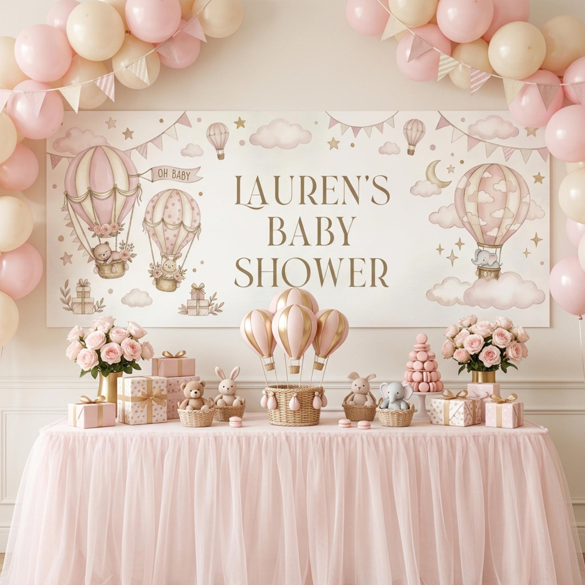 Personalised Girl Baby Shower Banner, Pink Hot Air Balloon Party Backdrop