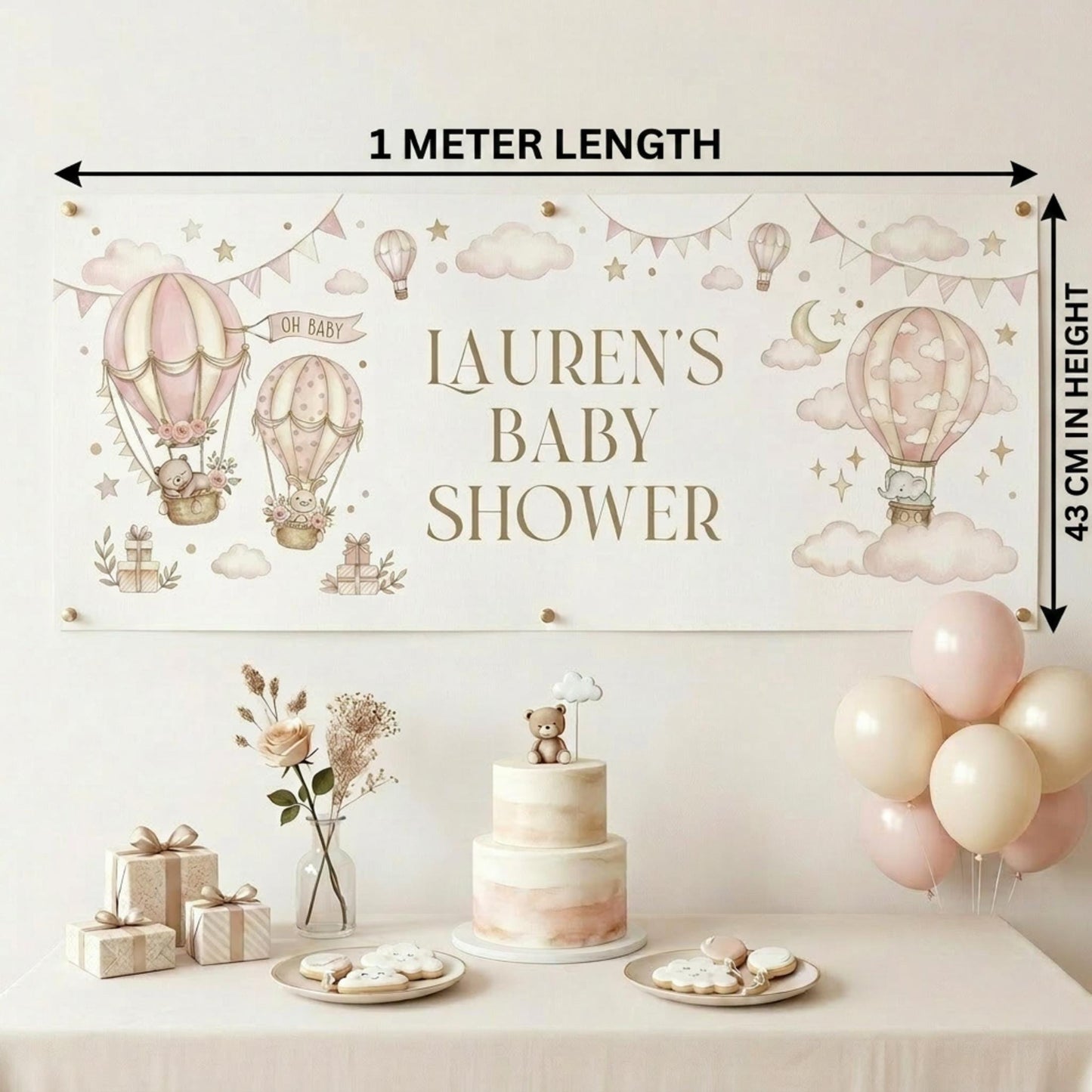 Personalised Girl Baby Shower Banner, Pink Hot Air Balloon Party Backdrop