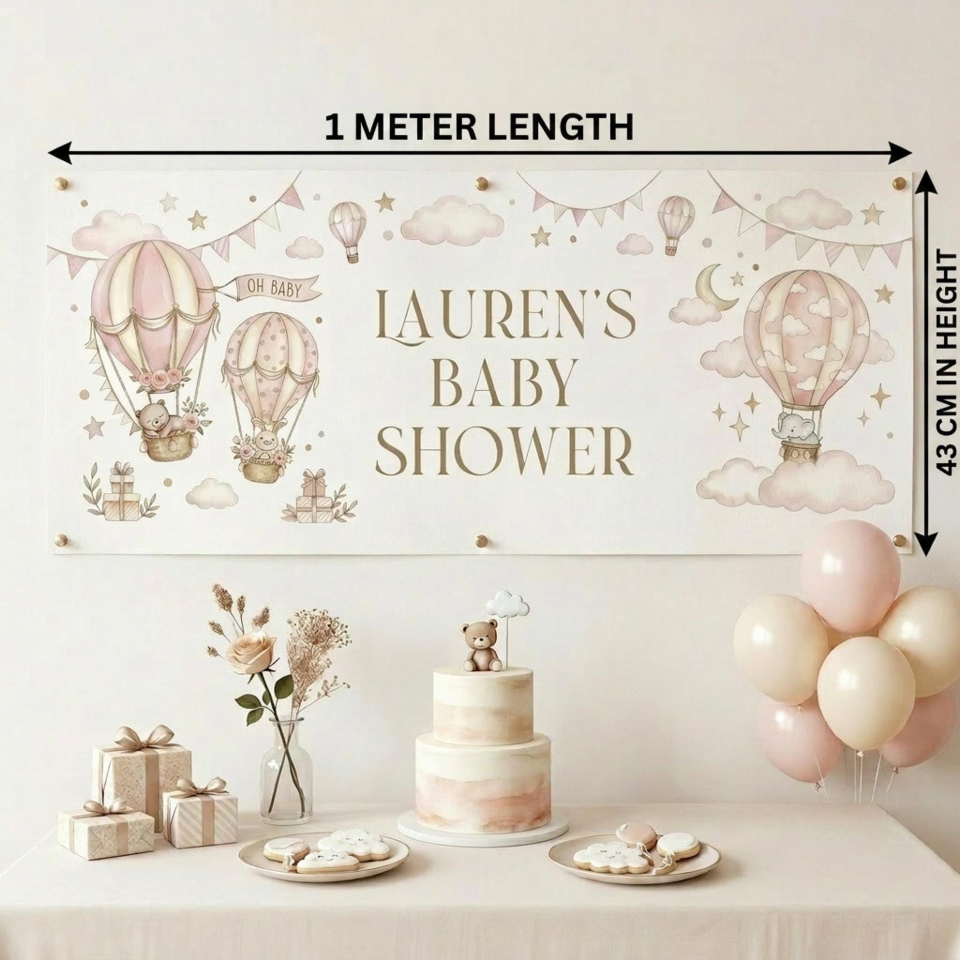 Personalised Girl Baby Shower Banner, Pink Hot Air Balloon Party Backdrop