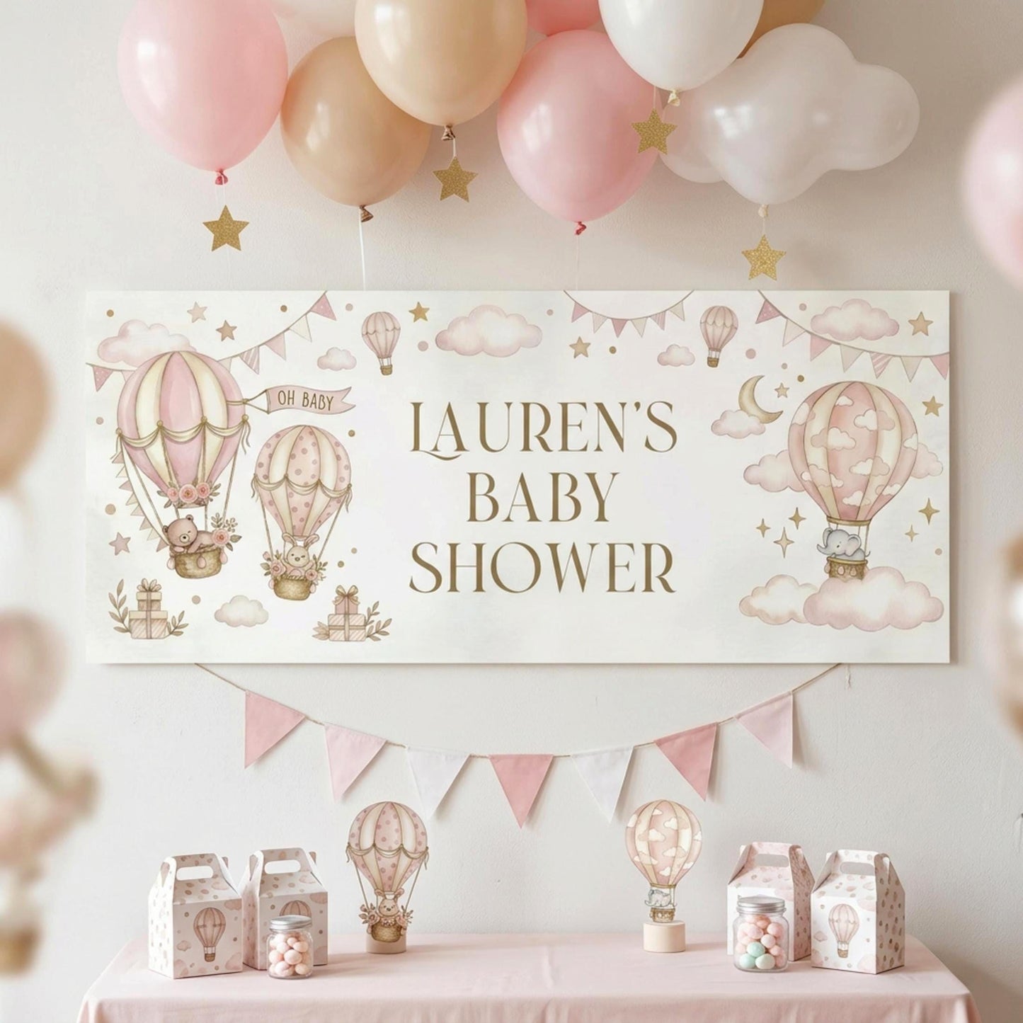 Personalised Girl Baby Shower Banner, Pink Hot Air Balloon Party Backdrop