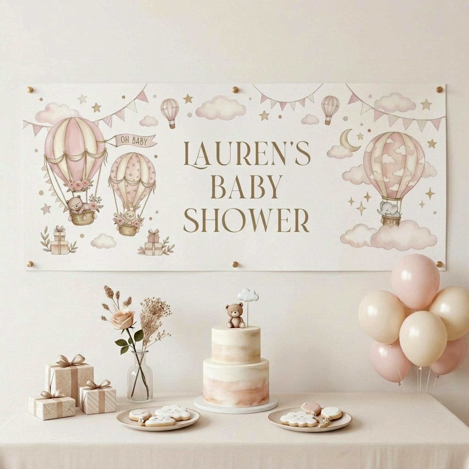 Personalised Girl Baby Shower Banner, Pink Hot Air Balloon Party Backdrop