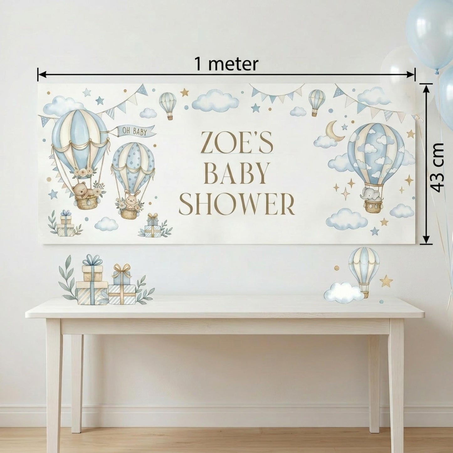 Personalised Boy Baby Shower Banner, Blue Hot Air Balloon Party Backdrop